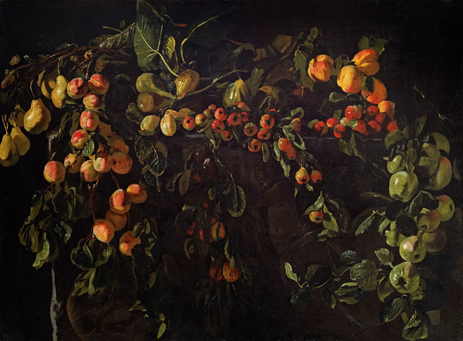 Master of the Acquavella Still-Life, Still life of fruit in a wicker basket with a boy; Still life of fruit on a surface decorated with classical motifs