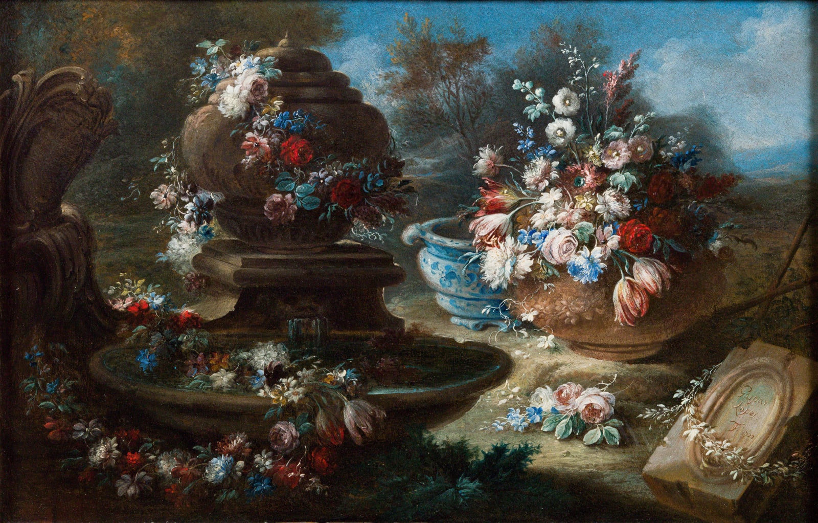 Gaspare Lopez, Still life of flowers and fruit with a parrot in a garden; Still life of flowers and fruit with a parrot and a pyramid in the background