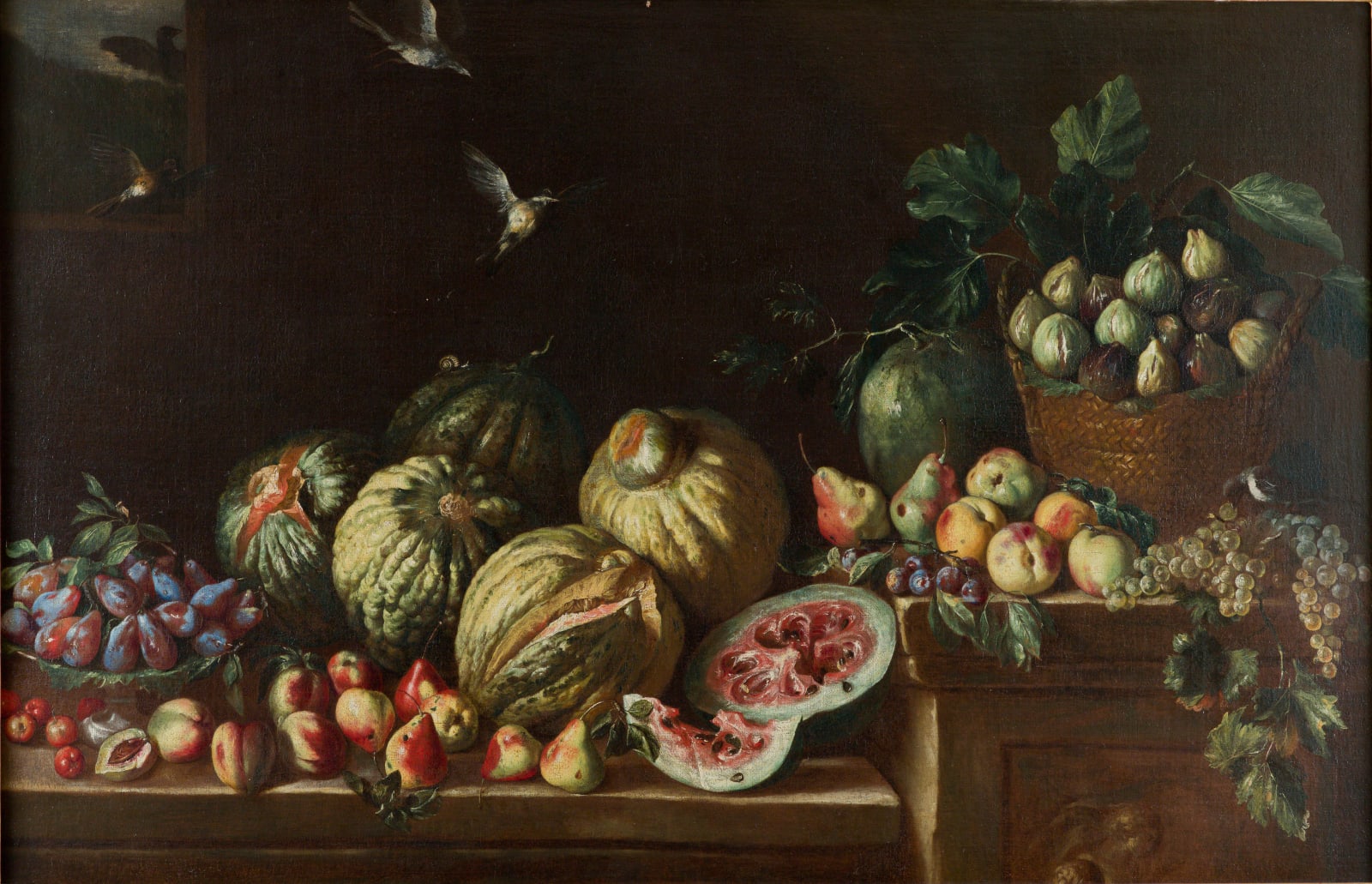 Agostino Verrocchi, Still life of fruit with flying birds