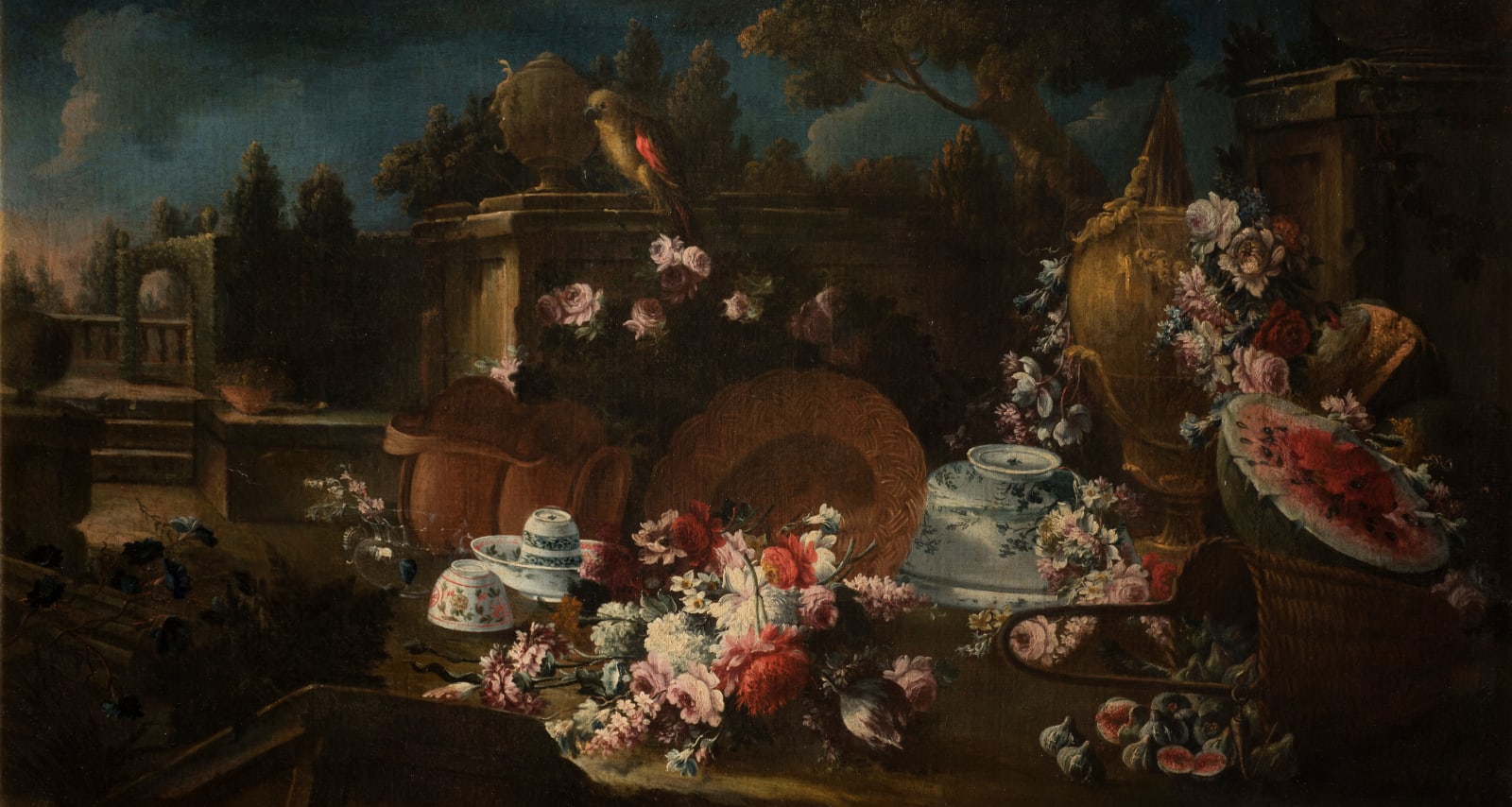 Giuseppe Lavagna, Still life of flowers and fruit with a parrot in a garden / Still life of flowers and fruit with a parrot and a pyramid in the background