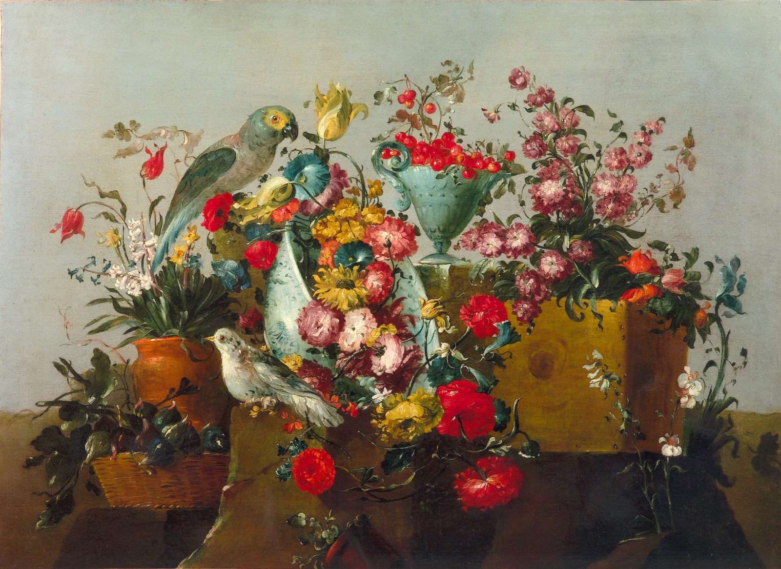 Master of the Guardeschi Flowers, Still life with flowers, berries and figs in various vessels with a parrot and a dove; Still life with flowers and pears in various vessels, a squash and a rooster