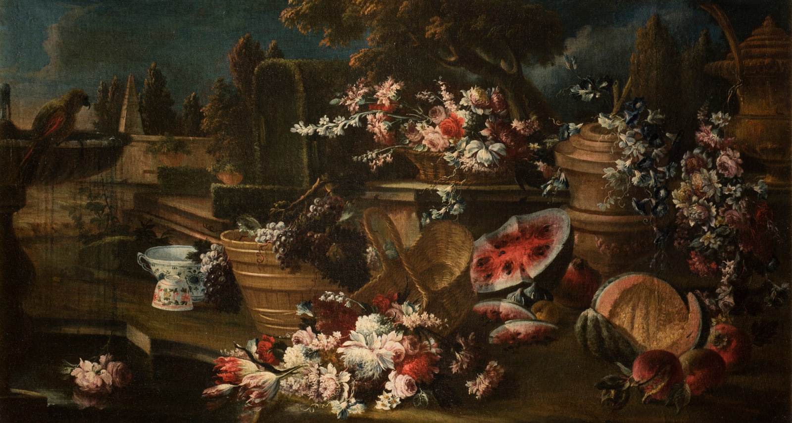Giuseppe Lavagna, Still life of flowers and fruit with a parrot in a garden / Still life of flowers and fruit with a parrot and a pyramid in the background