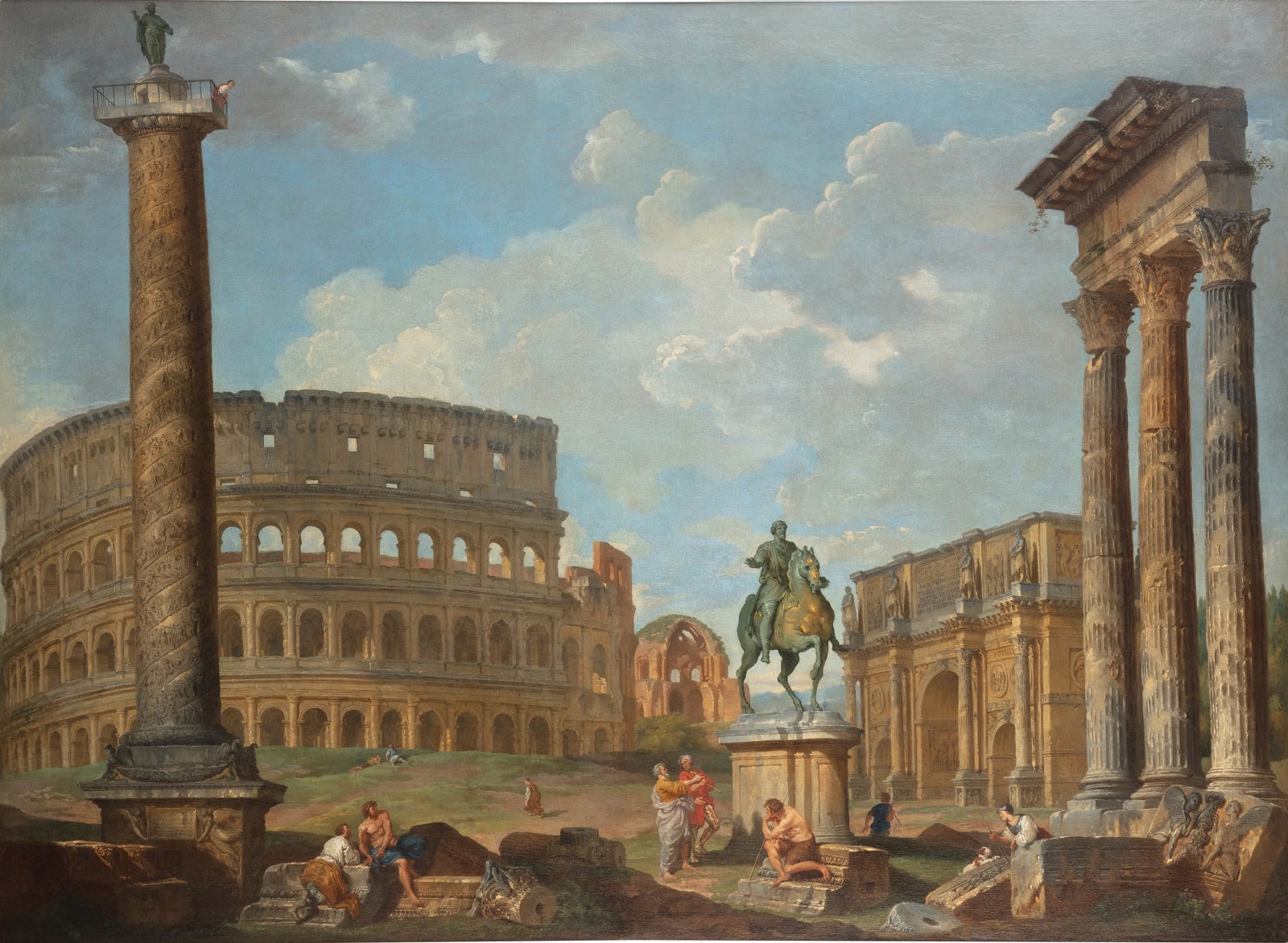 Giovanni Paolo Panini, Rome, a capriccio view of the Colosseum, Trajan's Column, the statue of Marcus Aurelius, and the Arch of Constantine, 1691–1765
