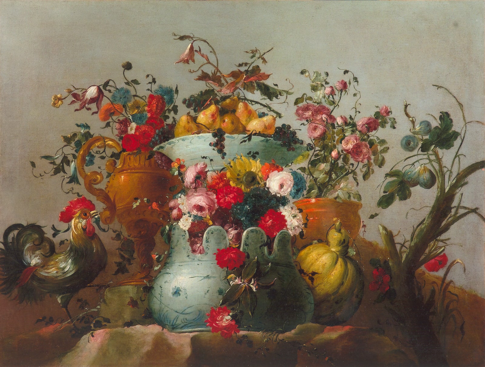 Master of the Guardeschi Flowers, Still life with flowers, berries and figs in various vessels with a parrot and a dove; Still life with flowers and pears in various vessels, a squash and a rooster