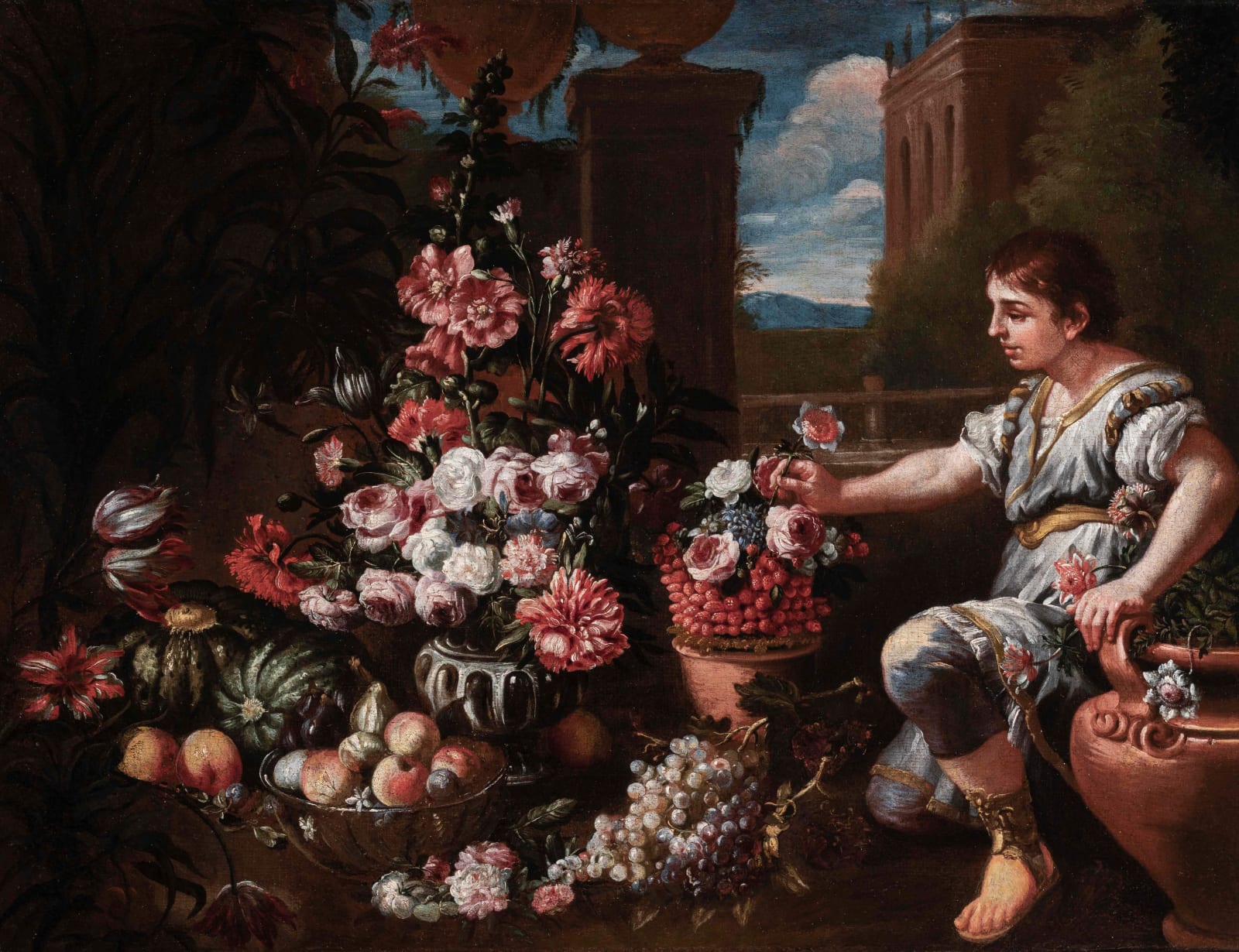 Abraham Brueghel and Francesco Solimena, Still life with a boy placing a flower in a vase