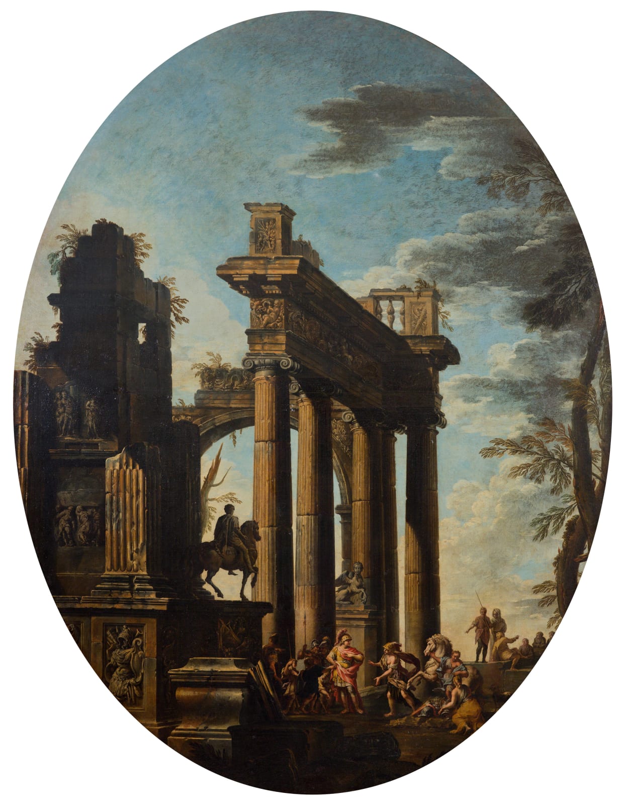Giovanni Paolo Panini, Architectural Capriccio with Equestrian Monument of Marcus Aurelius and Alexander the Great; Architectural Capriccio with Alexander the Great and the family of Darius