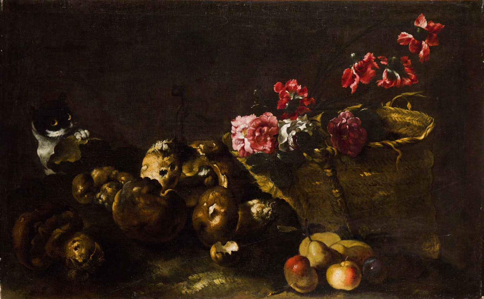 Simone del Tintore, Still life with mushrooms, fruit, a basket of flowers and a cat