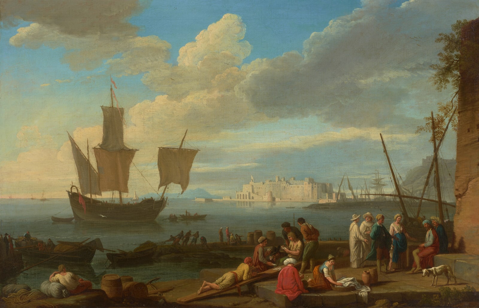 Adrien Manglard, The Waterfront at Napoli with Fisherman and Merchants in the foreground and Castel dell'Ovo beyond