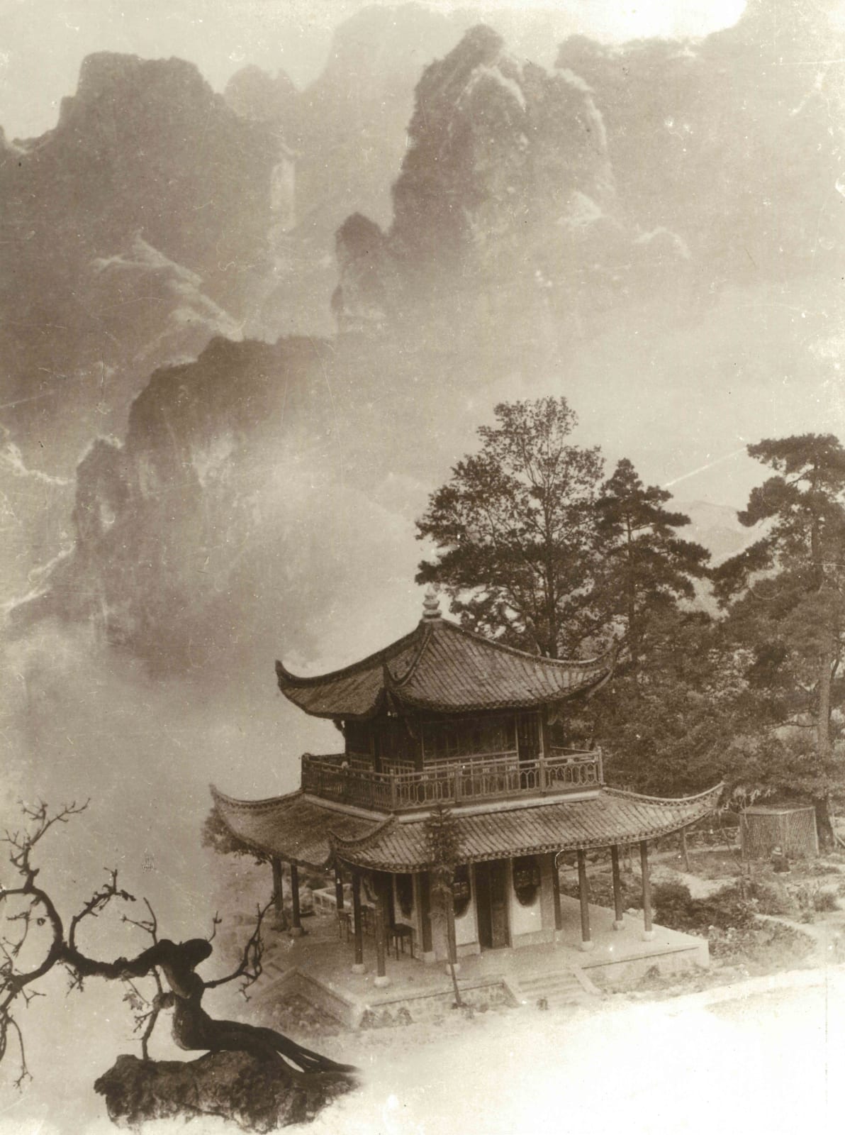 郎靜山 Lang Jingshan, 古閣重巒 An Old Pavilion, 1936, printed in 1970s