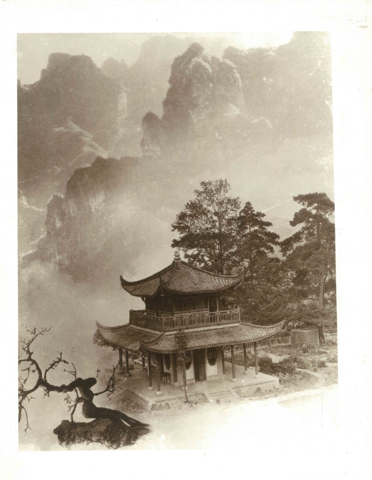 郎靜山 Lang Jingshan, 古閣重巒 An Old Pavilion, 1936, printed in 1970s