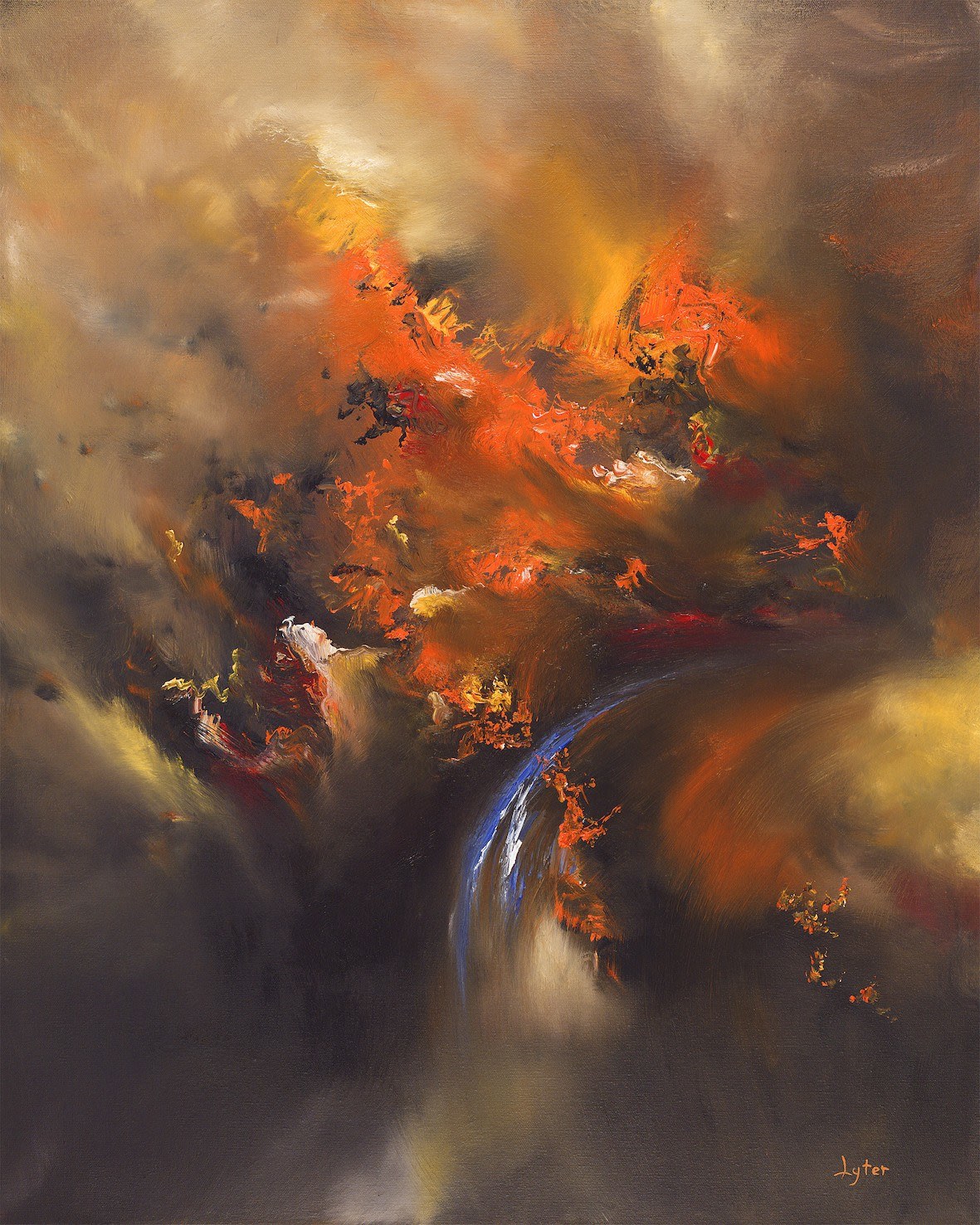 Terminu, small artwork, american artist, abstract, nature, pennsylvania, USA, london, fitzrovia, london art, london art gallery, artwork for sale, oil painting, oil paintings for sale, red, orange, blue, yellow