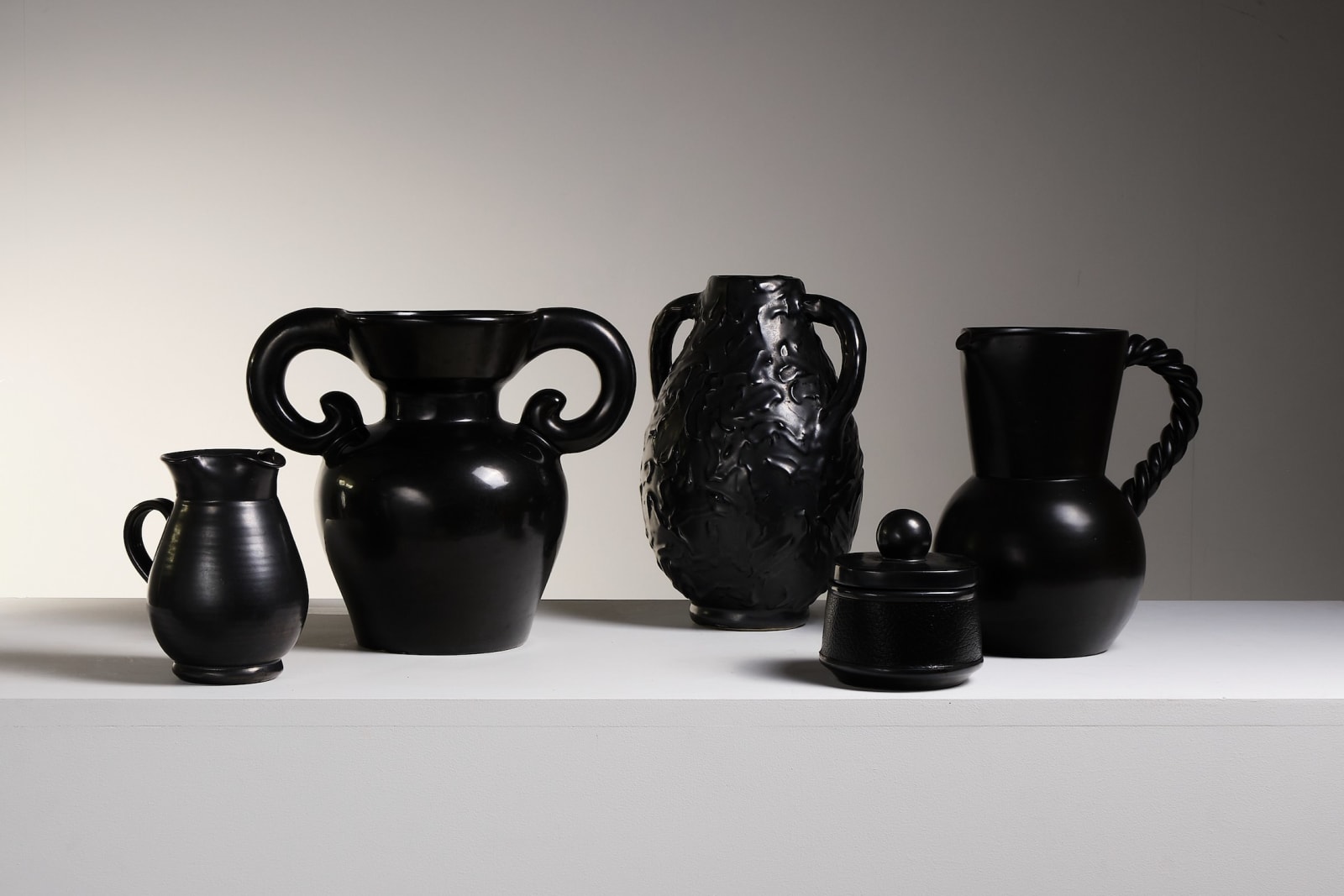 French, Group of five black pottery vessels