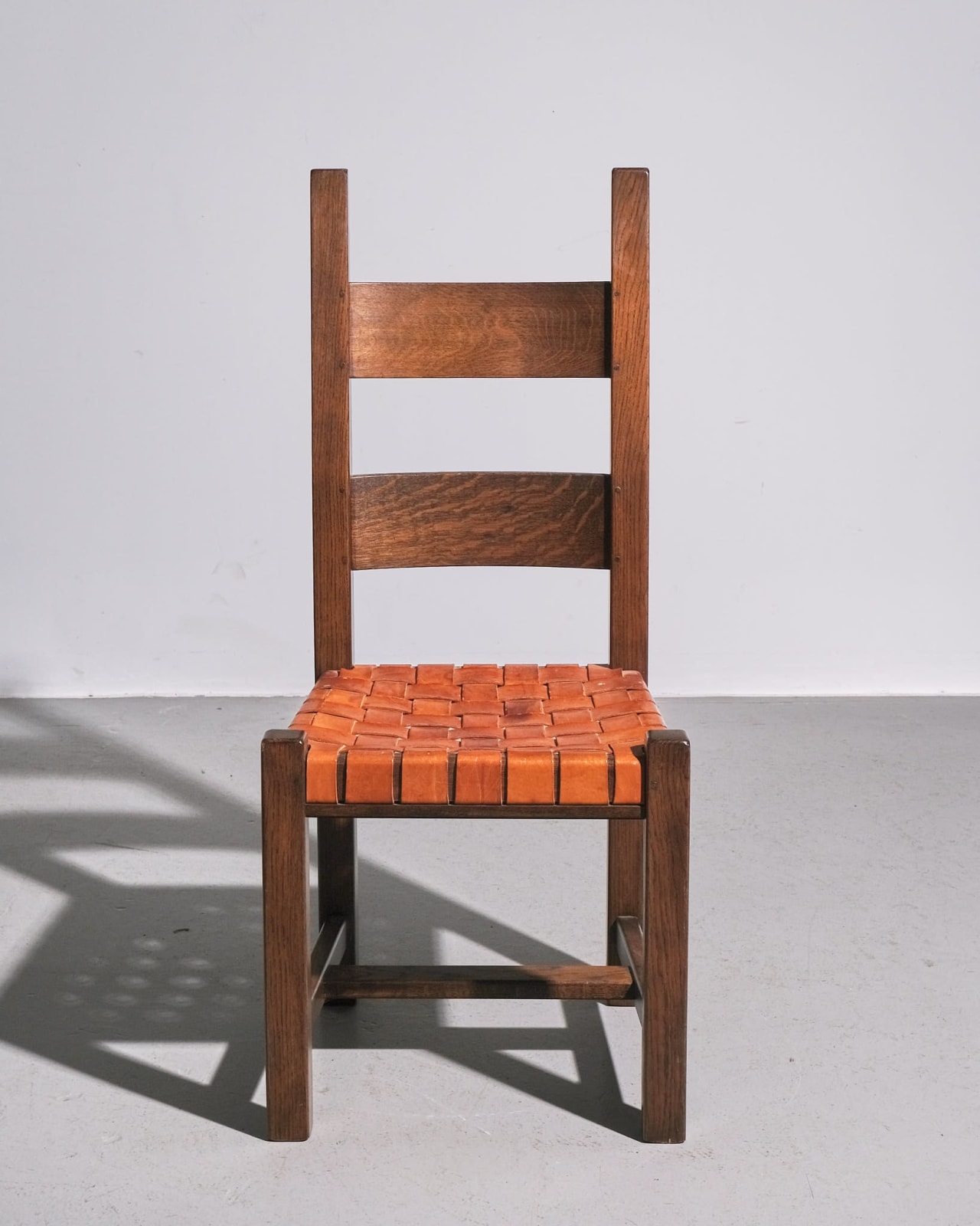 Dutch, Set of Six Oak and Leather Dining Chairs