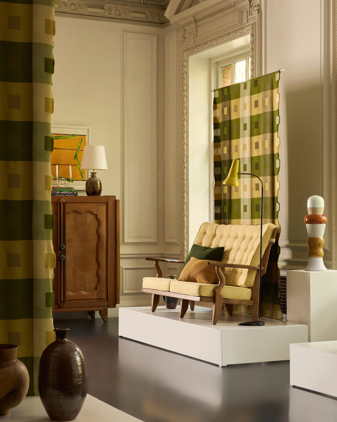 Guillerme et Chambron, Oak Sofa With Buttoned Backrest Cushion