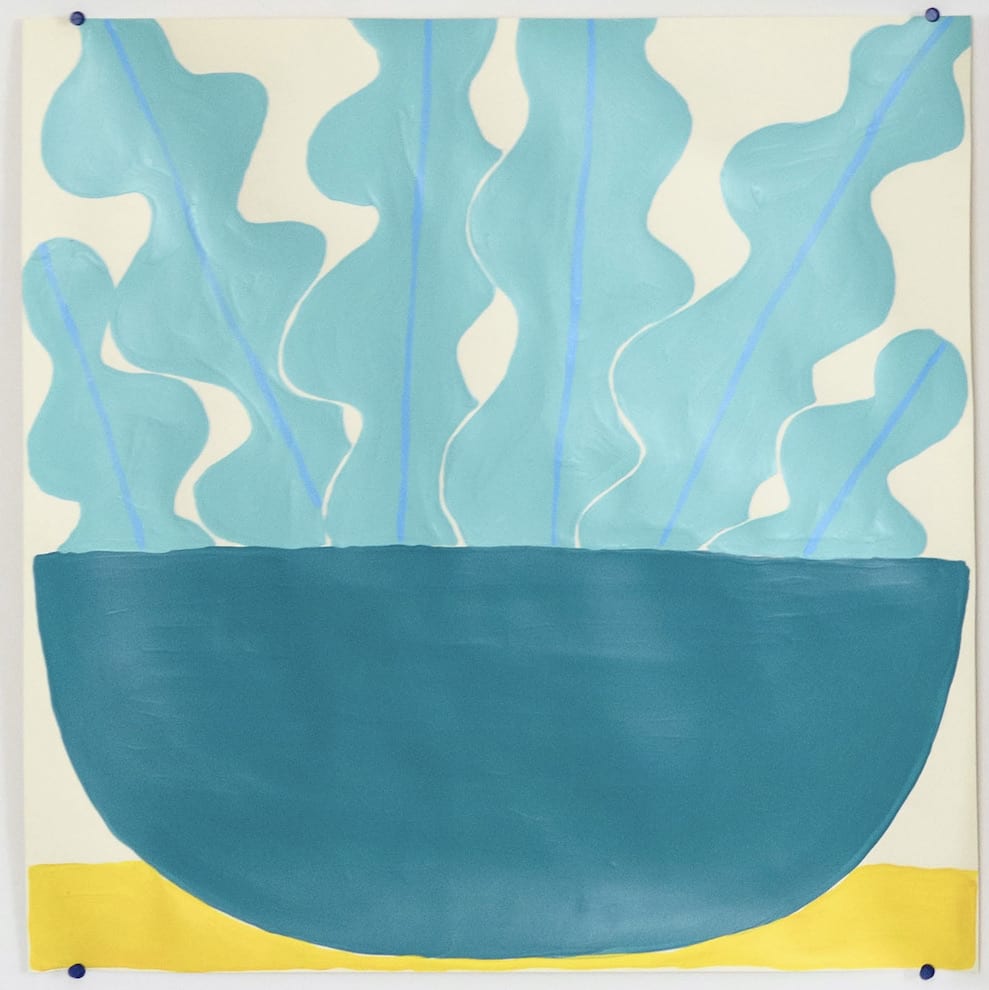 Carissa Potter, Blue plant in a teal pod on a yellow table, 2021