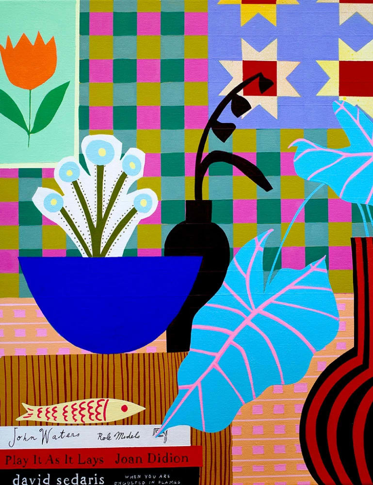 Mary Finlayson, Bluebells and Forget-me-Nots with Striped Vase and Books, 2024