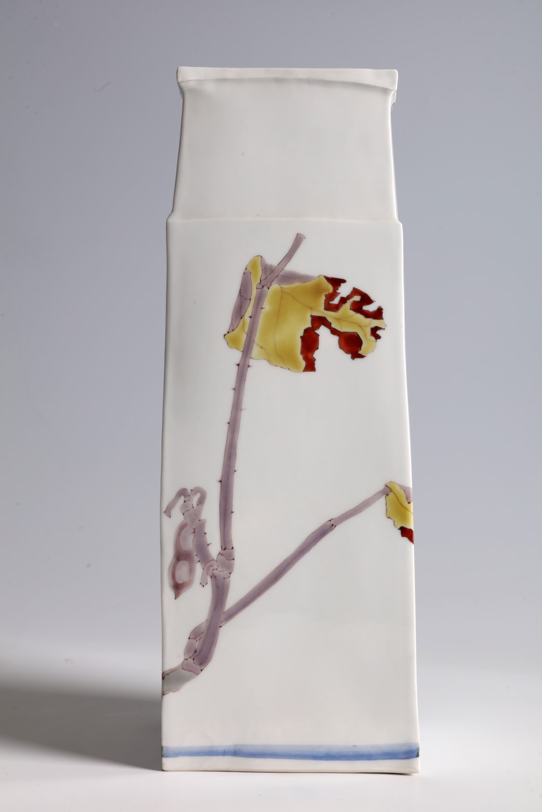 Takegoshi Jun, Square Vase with Bull-Headed Shrikes on Tree Branches, ca 2000