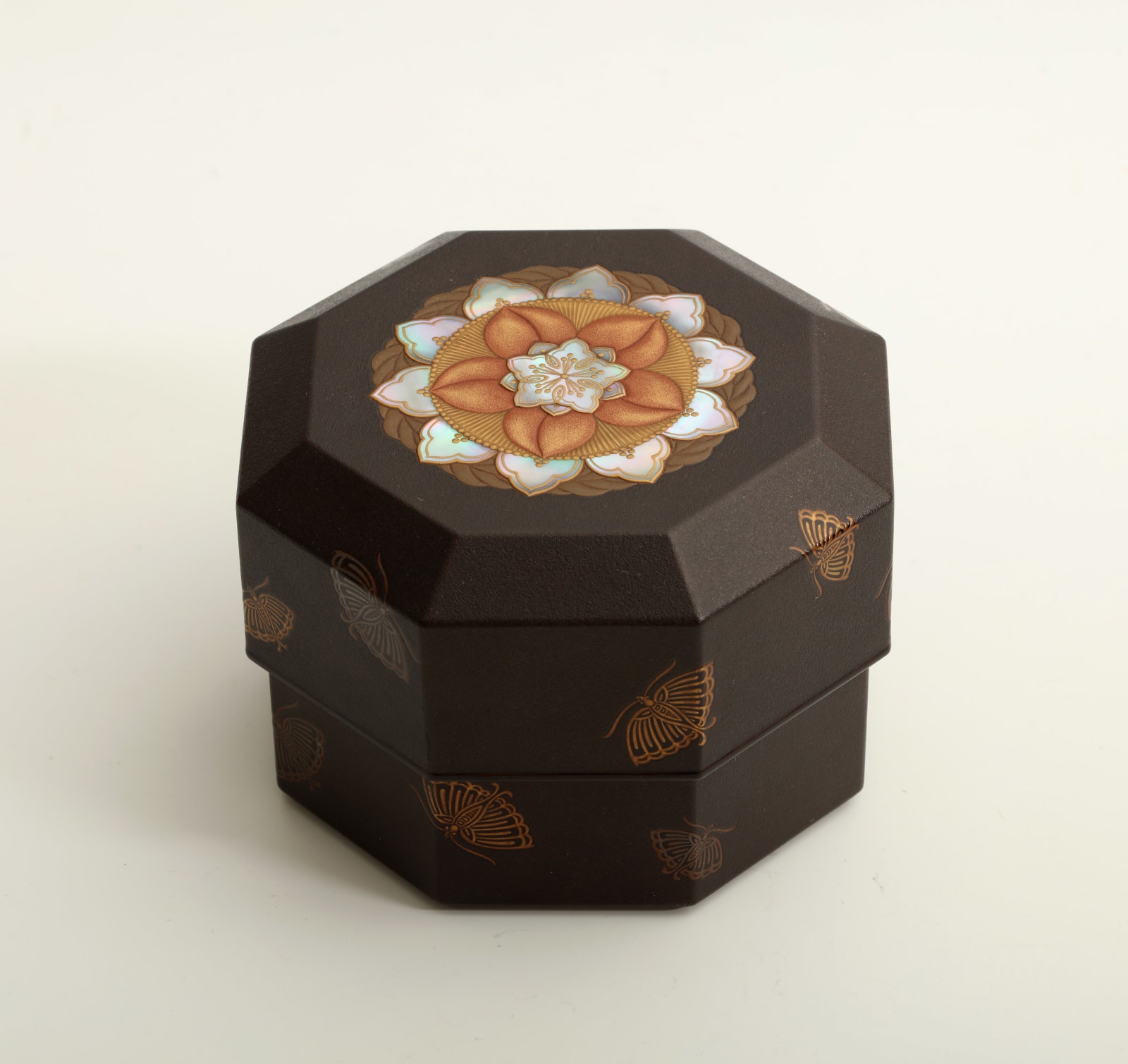 Mitamura Jiho, Octagonal Jewel Box with Peach Blossom and Butterflies, 1920s