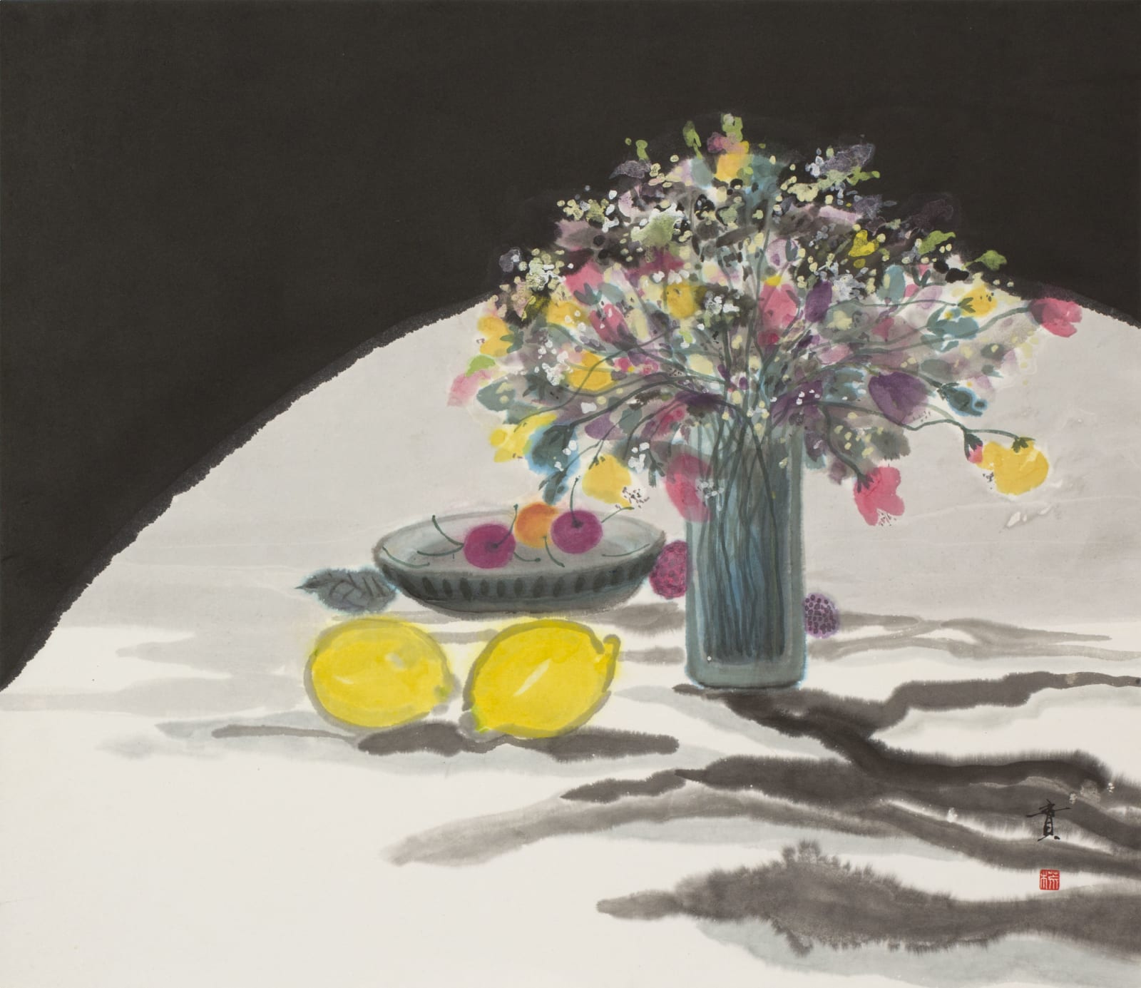 Minol Araki, Table with Flower Vase, Platter of Cherries, and Lemons, 1977