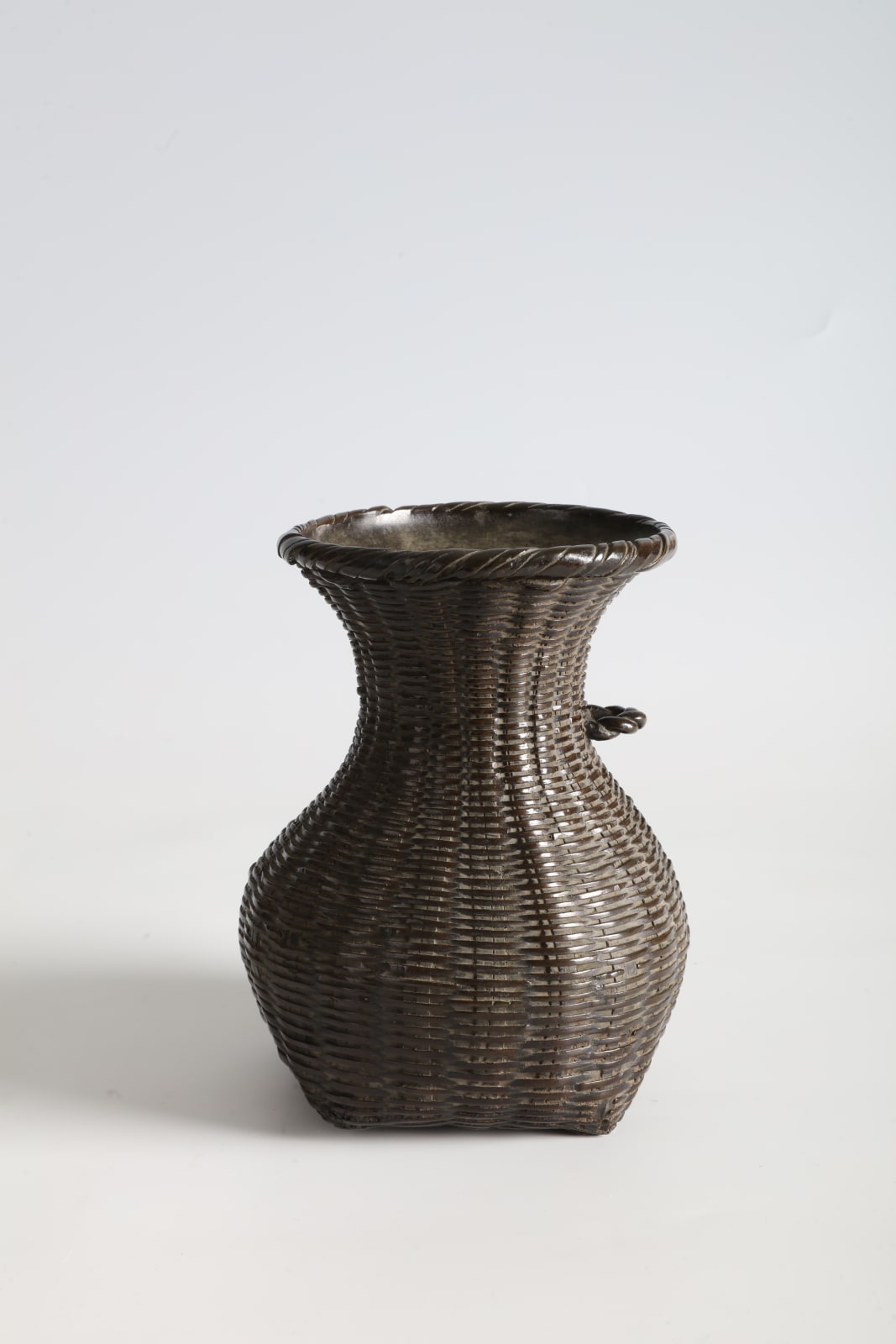 Hotoku (act. Meiji era), Bronze Flower Vessel in the Form of a Hanging Bamboo Basket, ca 1900-10