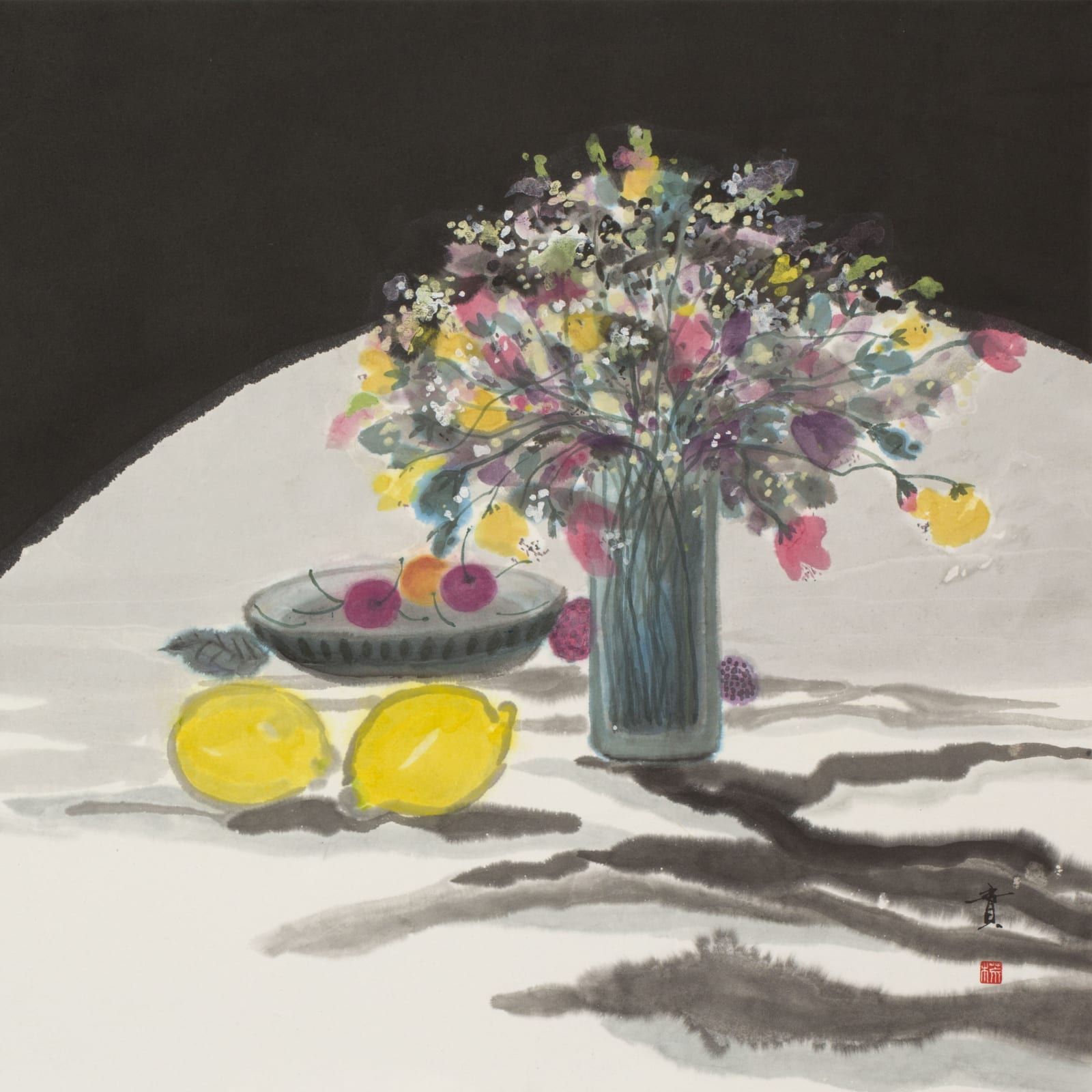 Minol Araki, Table with Flower Vase, Platter of Cherries, and Lemons, 1977