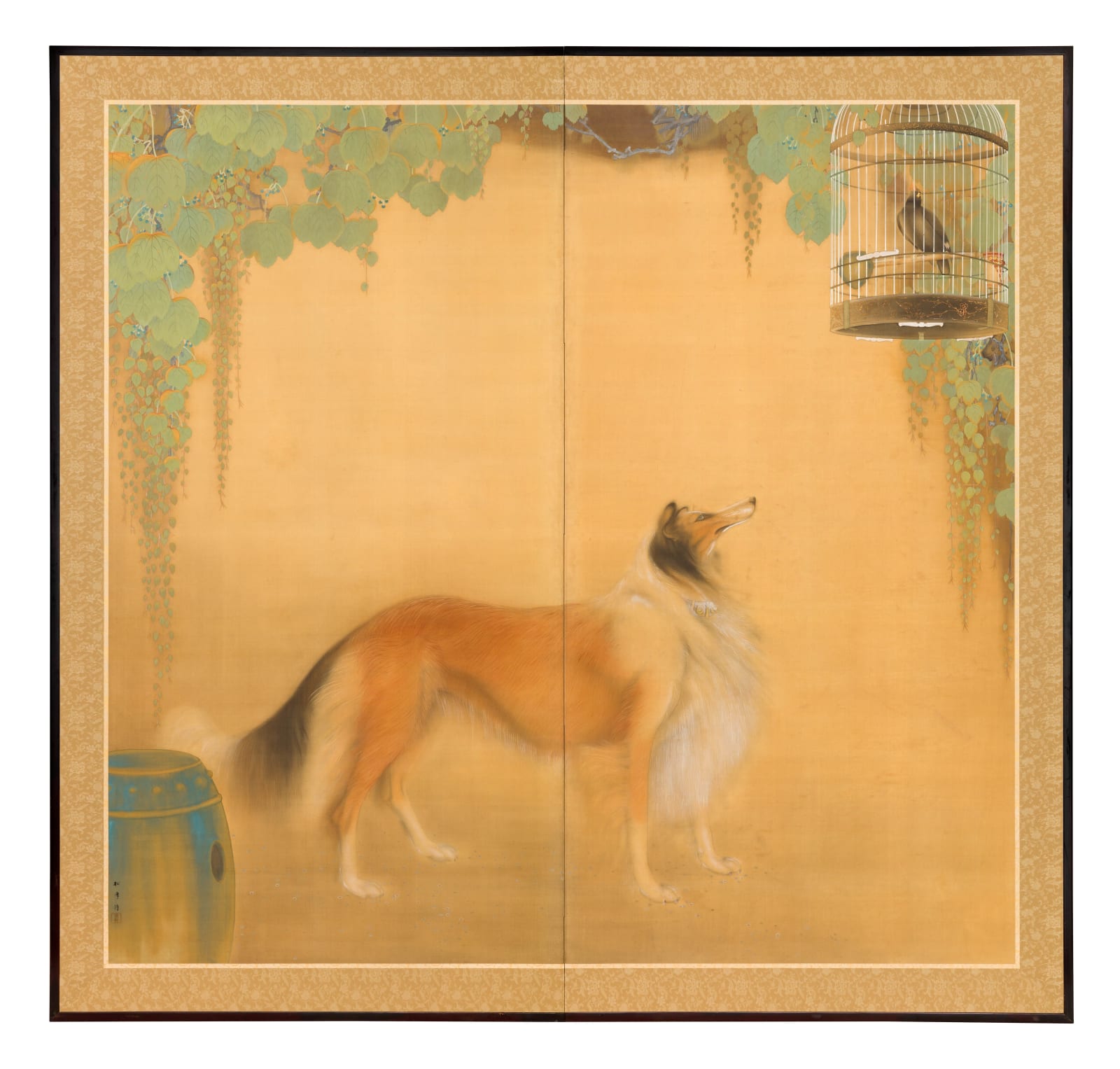 Kahata Tosen, Collie and Myna Bird (In a Peaceful Garden, The First Signs of Autumn), 1926