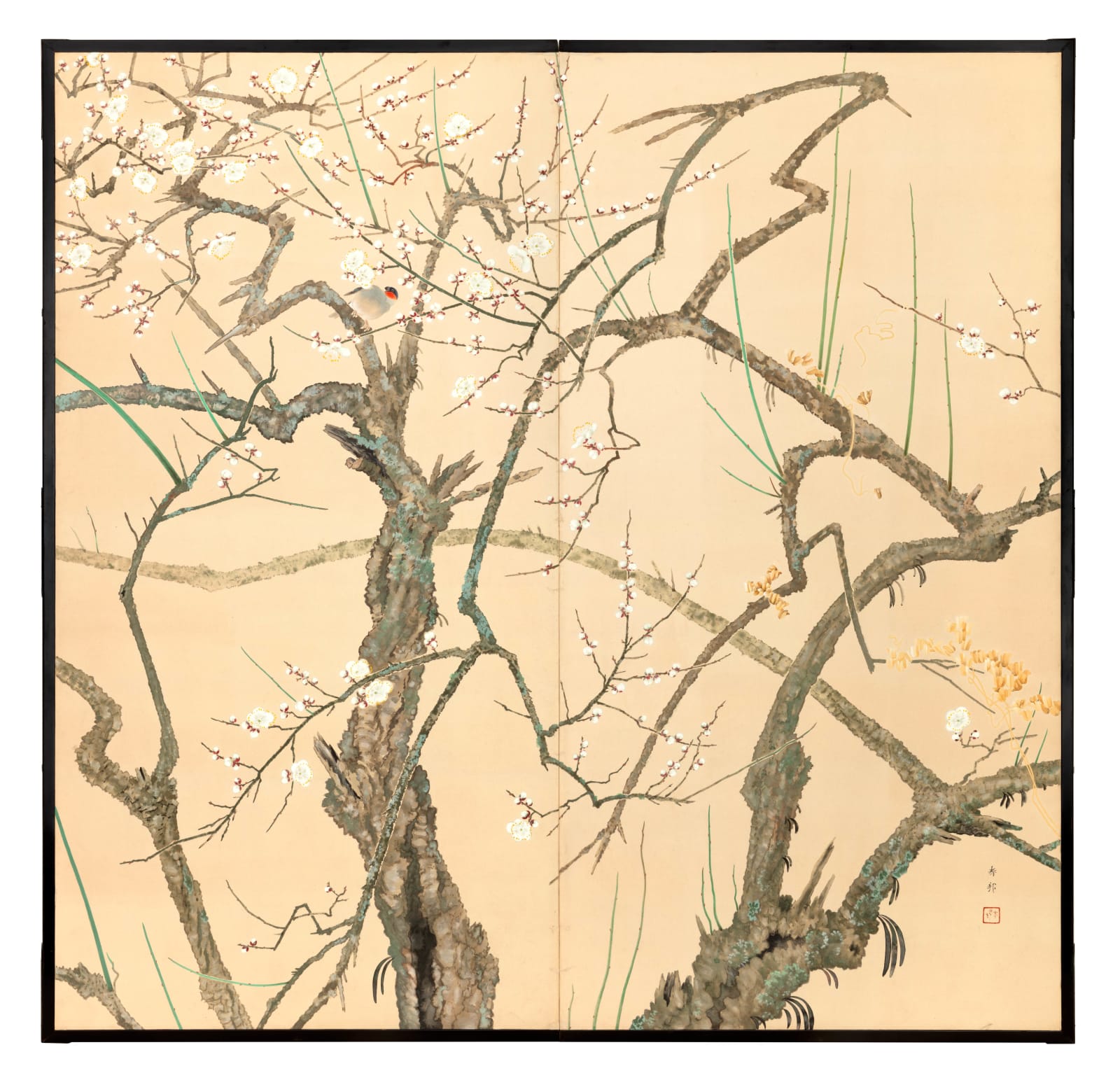 Shirayama Shunpō, Blooming Plum Trees and Birds, ca 1915