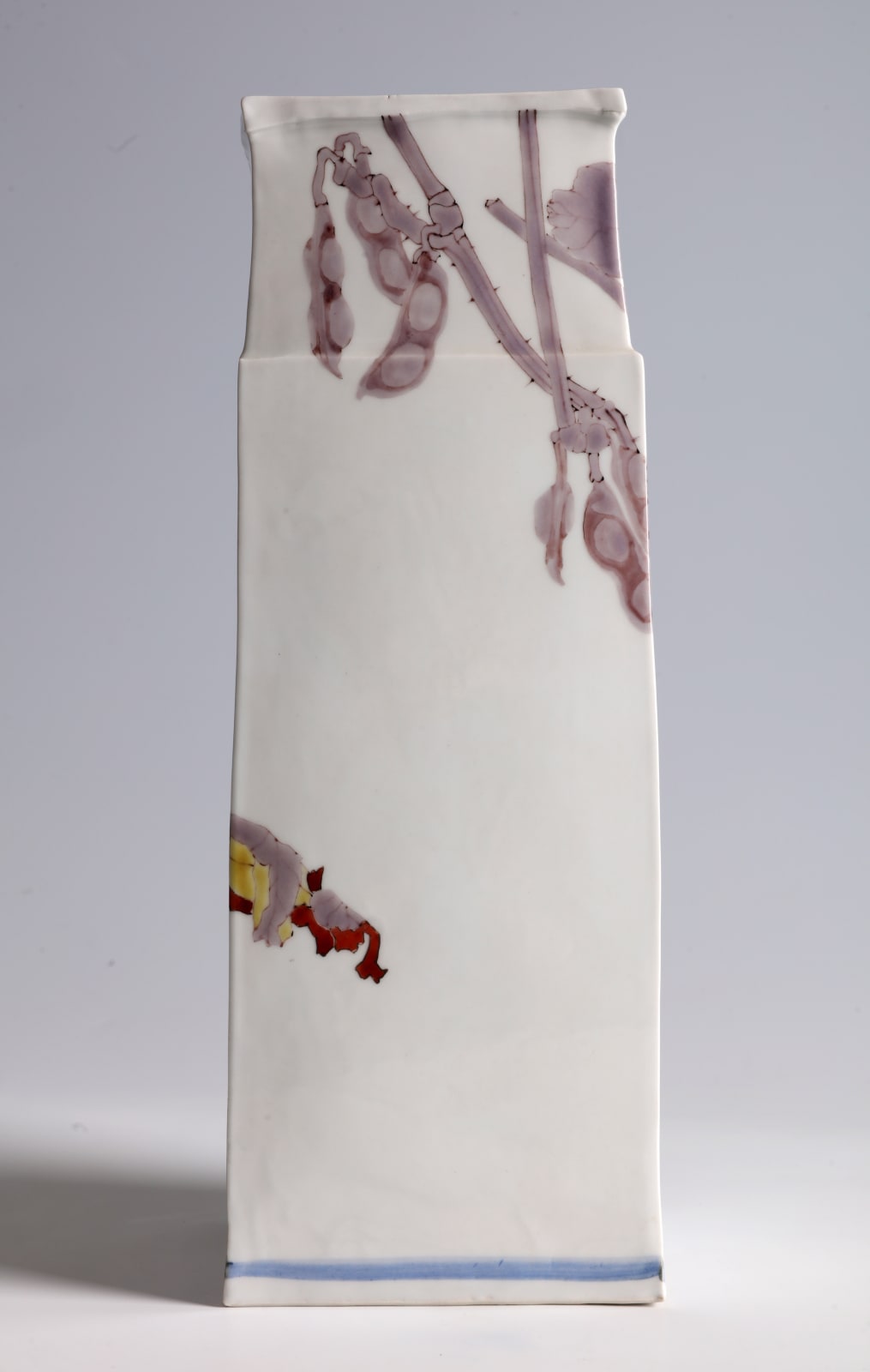 Takegoshi Jun, Square Vase with Bull-Headed Shrikes on Tree Branches, ca 2000
