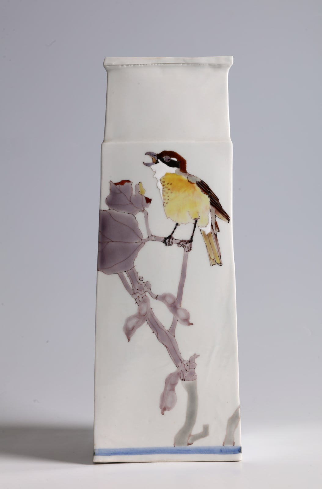 Takegoshi Jun, Square Vase with Bull-Headed Shrikes on Tree Branches, ca 2000