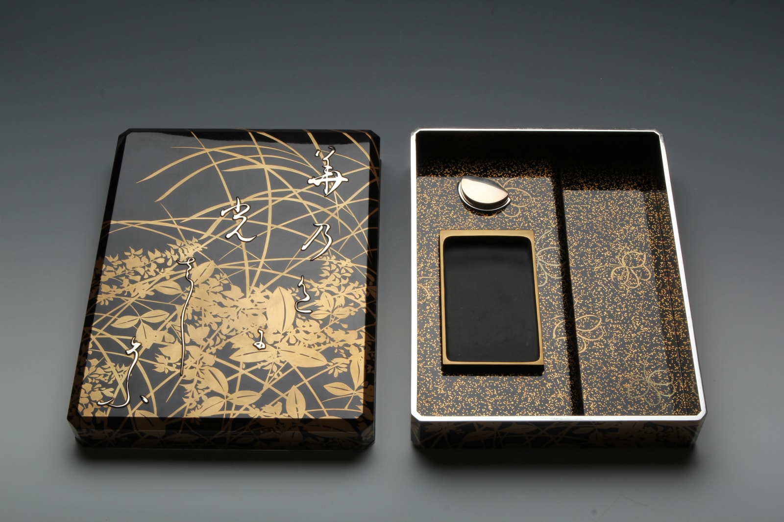 Miyazaki Heiando, Set of Writing Box and Document Box with Poem, Grasses and Flowers, 1920s