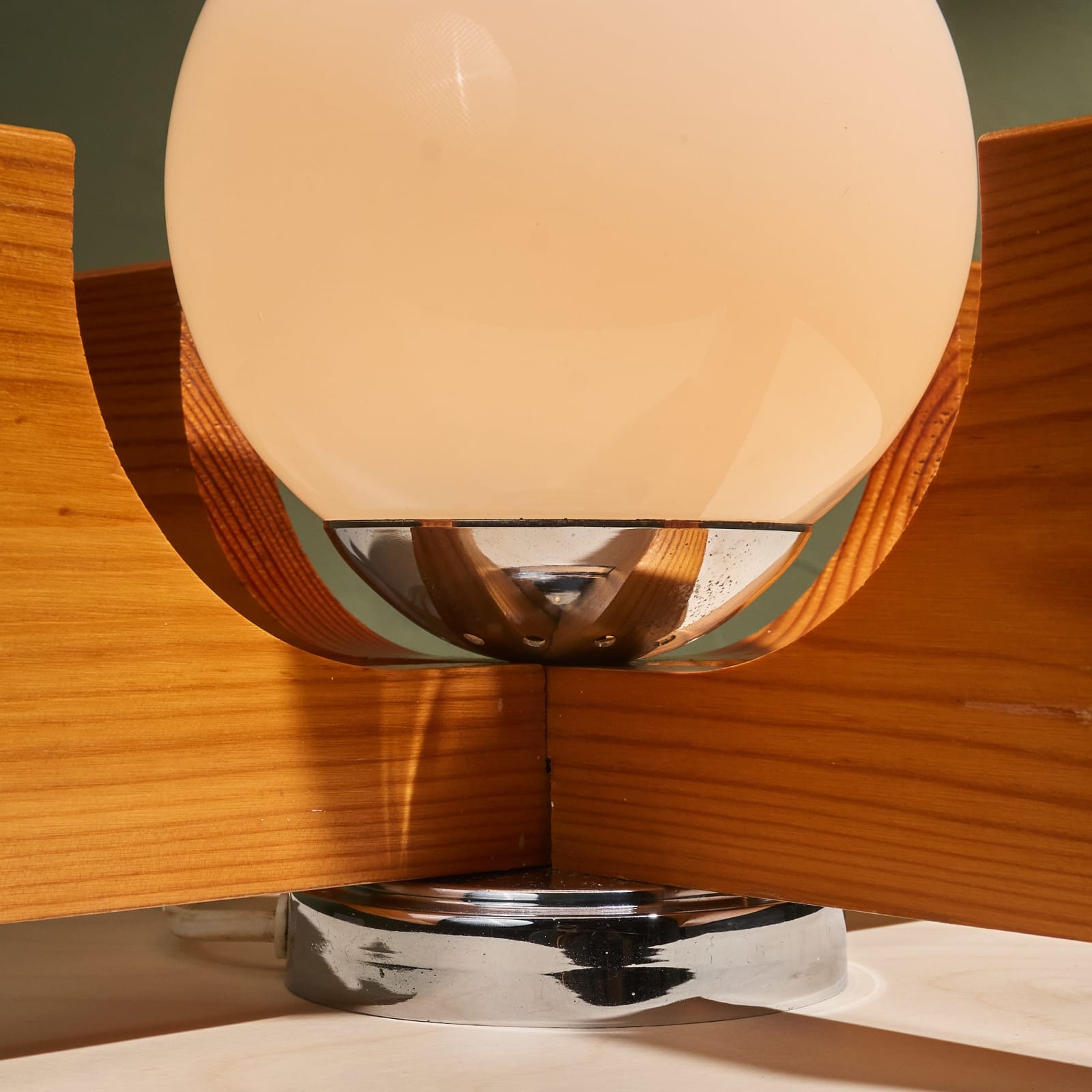Unknown, Table Lamp with a Pine Wooden Sculptural Frame and Opaline Shade, Sweden, 1970s