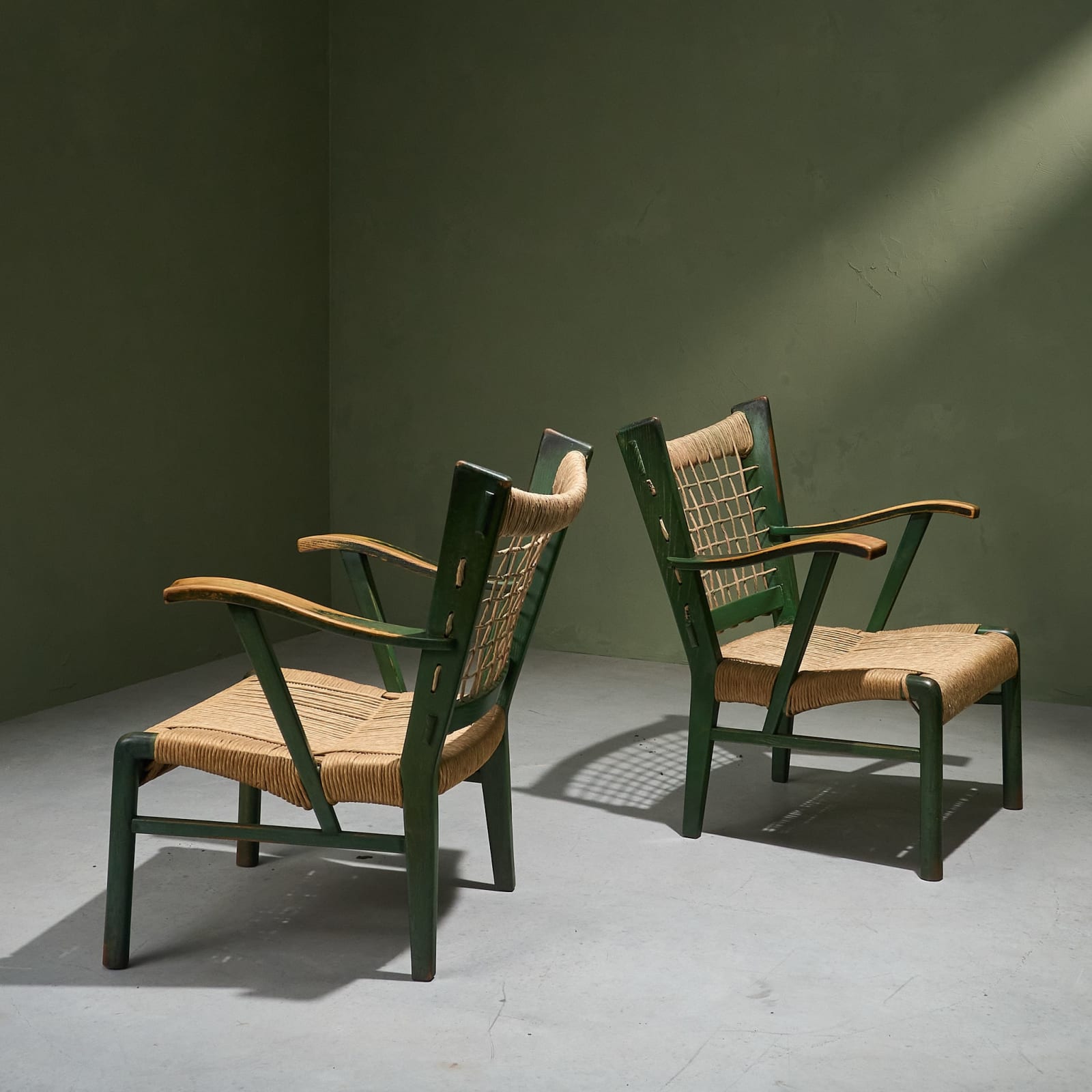 Pair of Green Lacquered Chestnut and Papercord Arm Chairs, Italy, Late 1930's