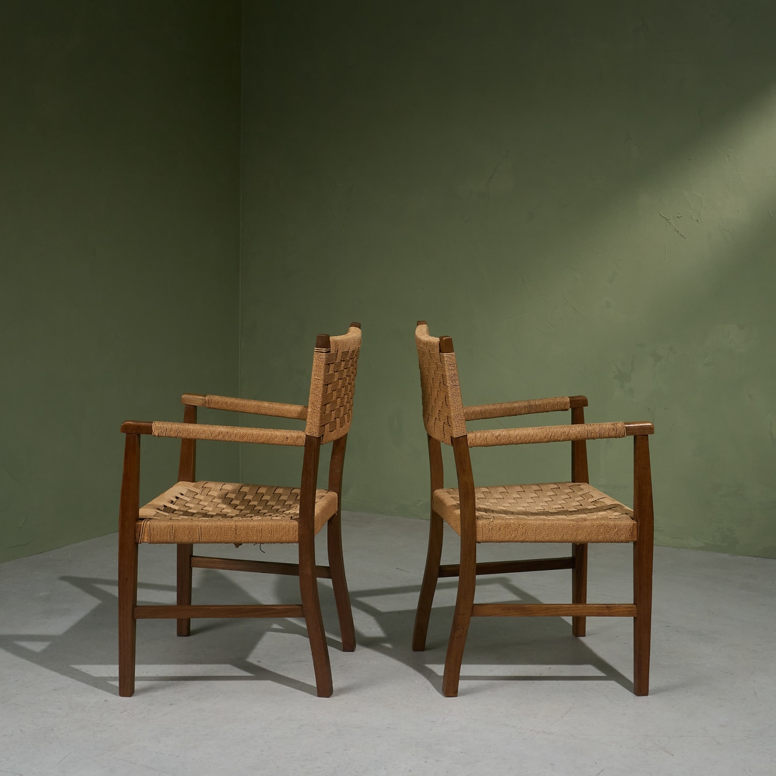 Pair of Arm Chairs with Oak Frame and Seagrass Webbing, Italy, 1940s