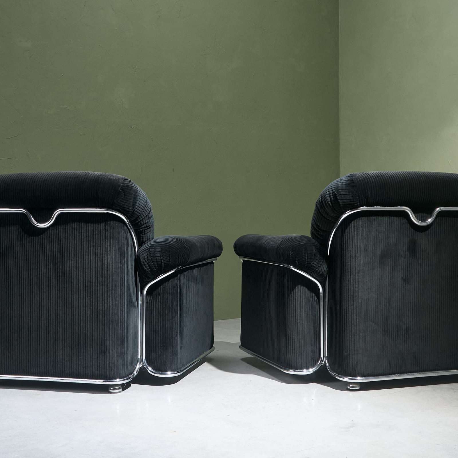 Oversized Lounge Chairs in Chromed Steel, Reupholstered in Black Corduroy Fabric, Italy, 1970s