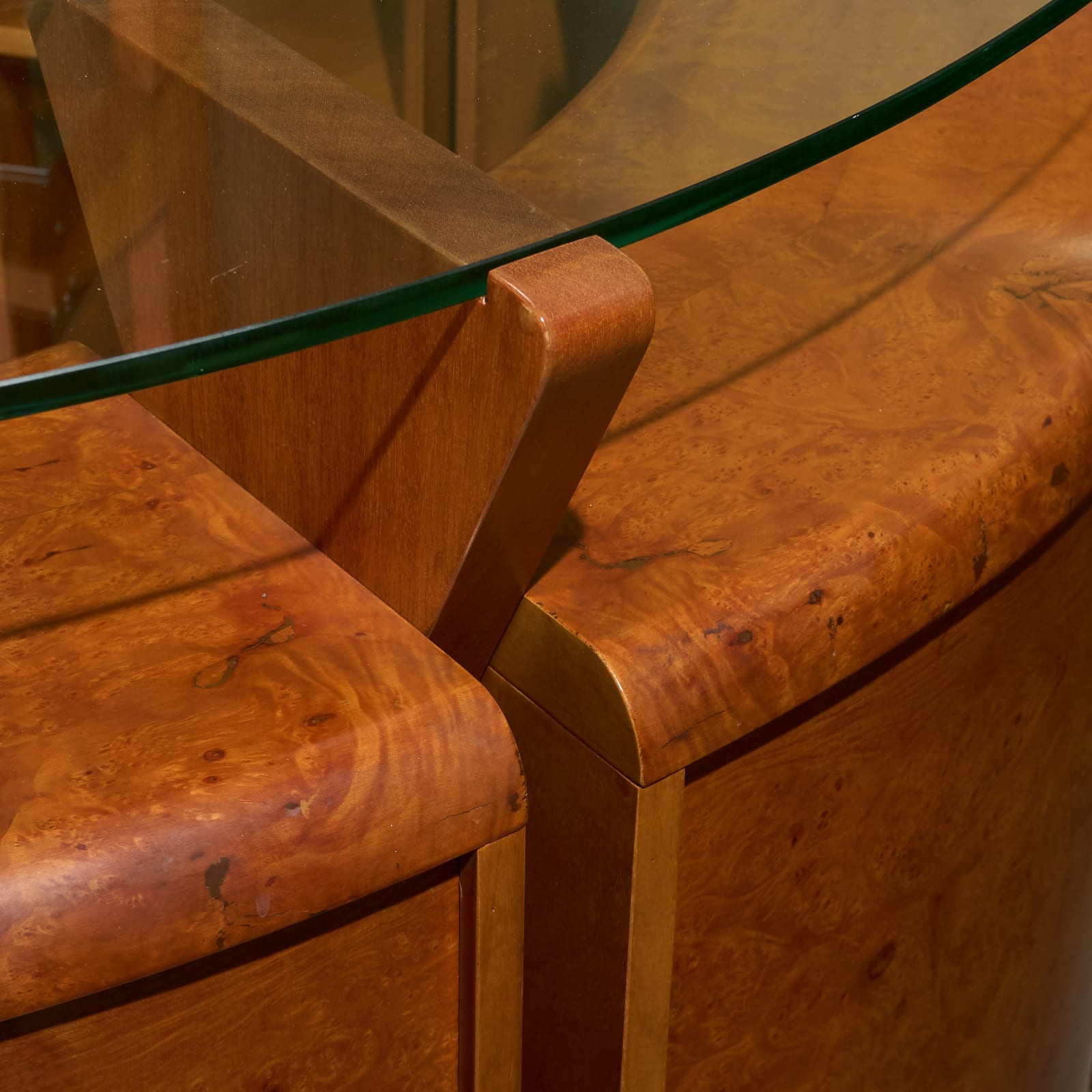 Circular Dry Bar and Sculptural Shelving Unit in Burlwood and Brass, Italy, 1970s