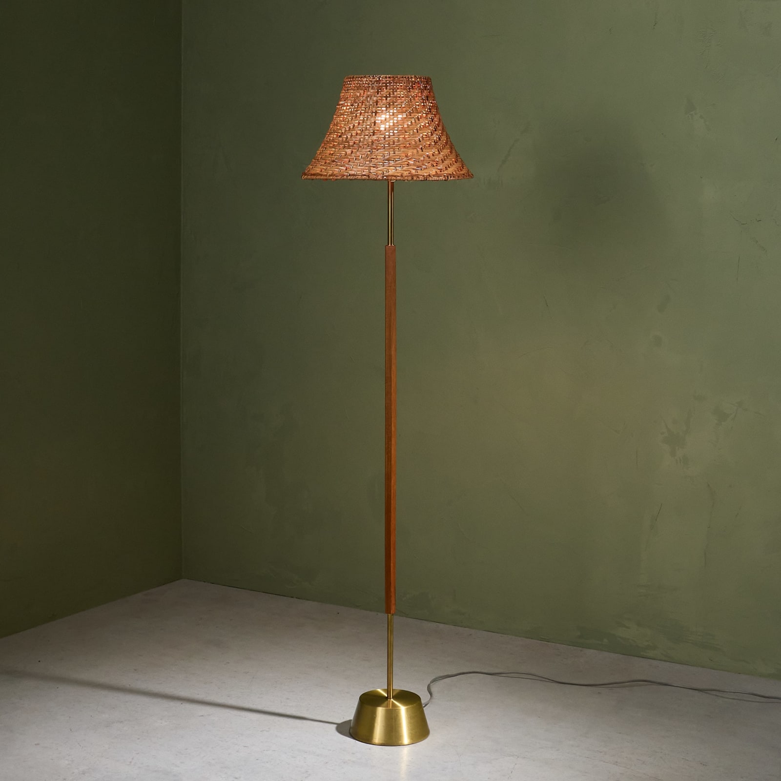 Boréns, Floor Lamp with Rattan Shade and Brass Base, Sweden, 1960s