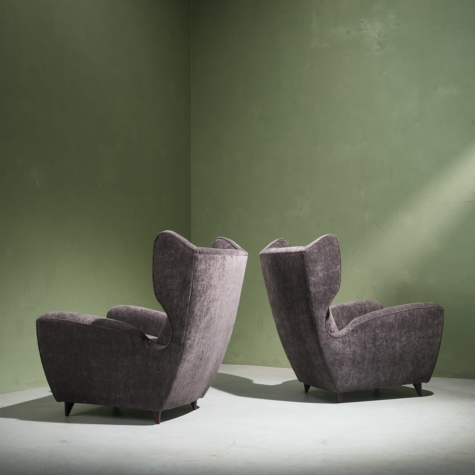 Melchiorre Bega, Pair of Reupholstered Lounge Chairs, Charcoal Dedar 'Belsuede' fabric, Italy, 1950s
