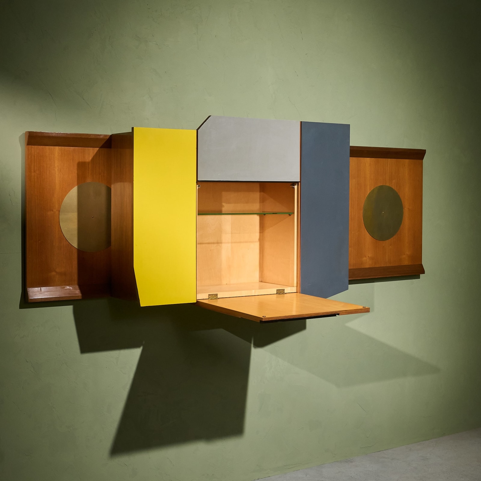 Multicolored Wall Mounted Dry Bar in Italian Walnut and Brass, Italy, 1960s