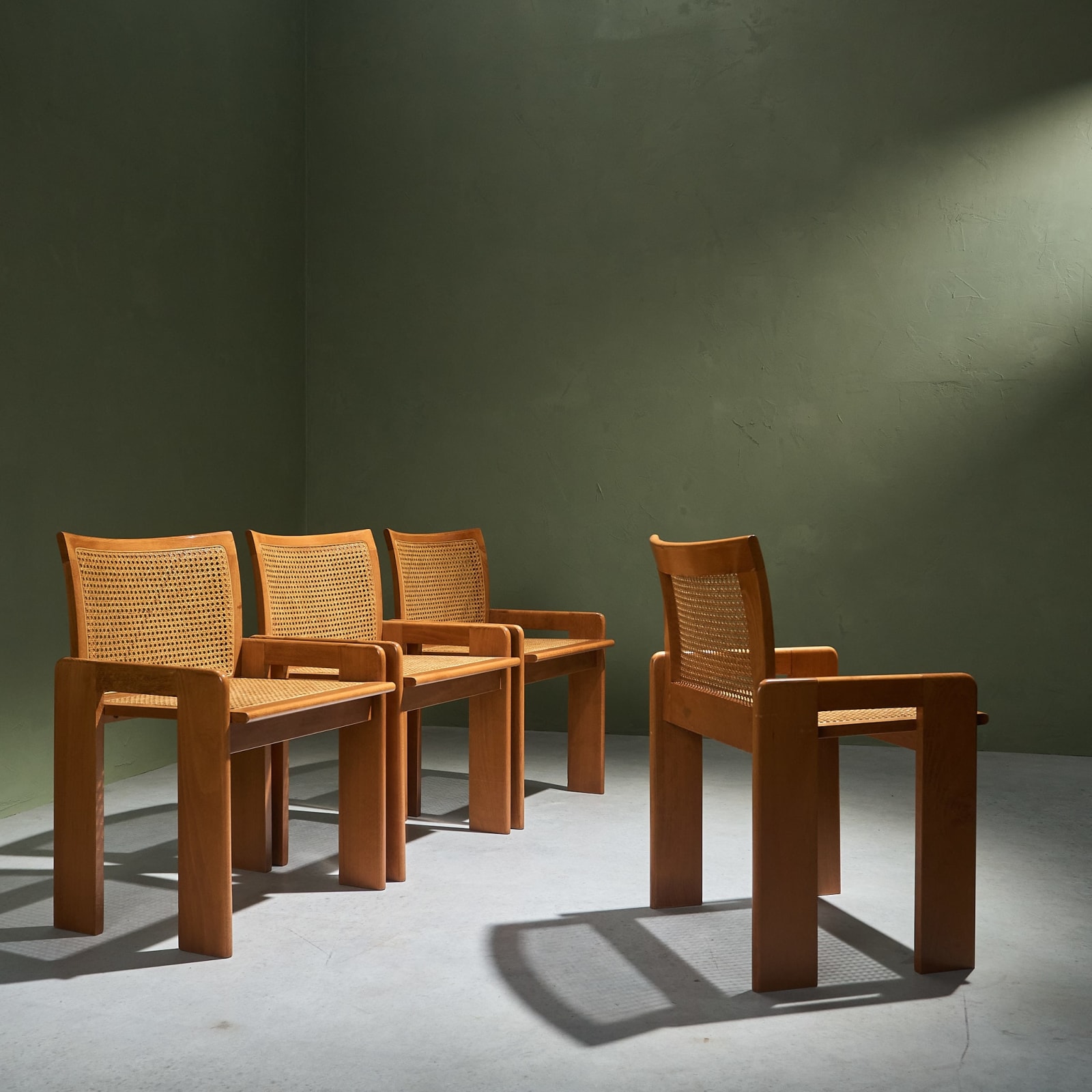 Luigi Saccardo, Set of 4 Dining Chairs in Stained Beech and Cane, 1970s