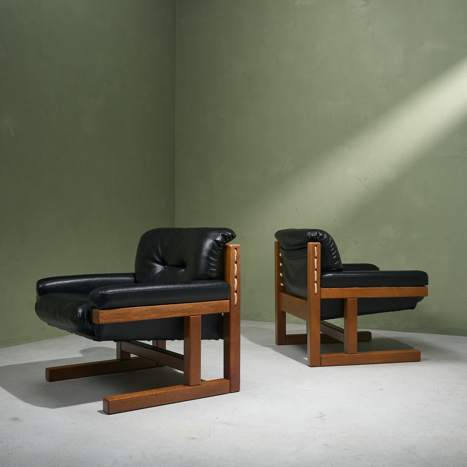 Unknown, Cubist Lounge Chairs in Stained Solid Oak and Black Upholstery, Europe, 1970s