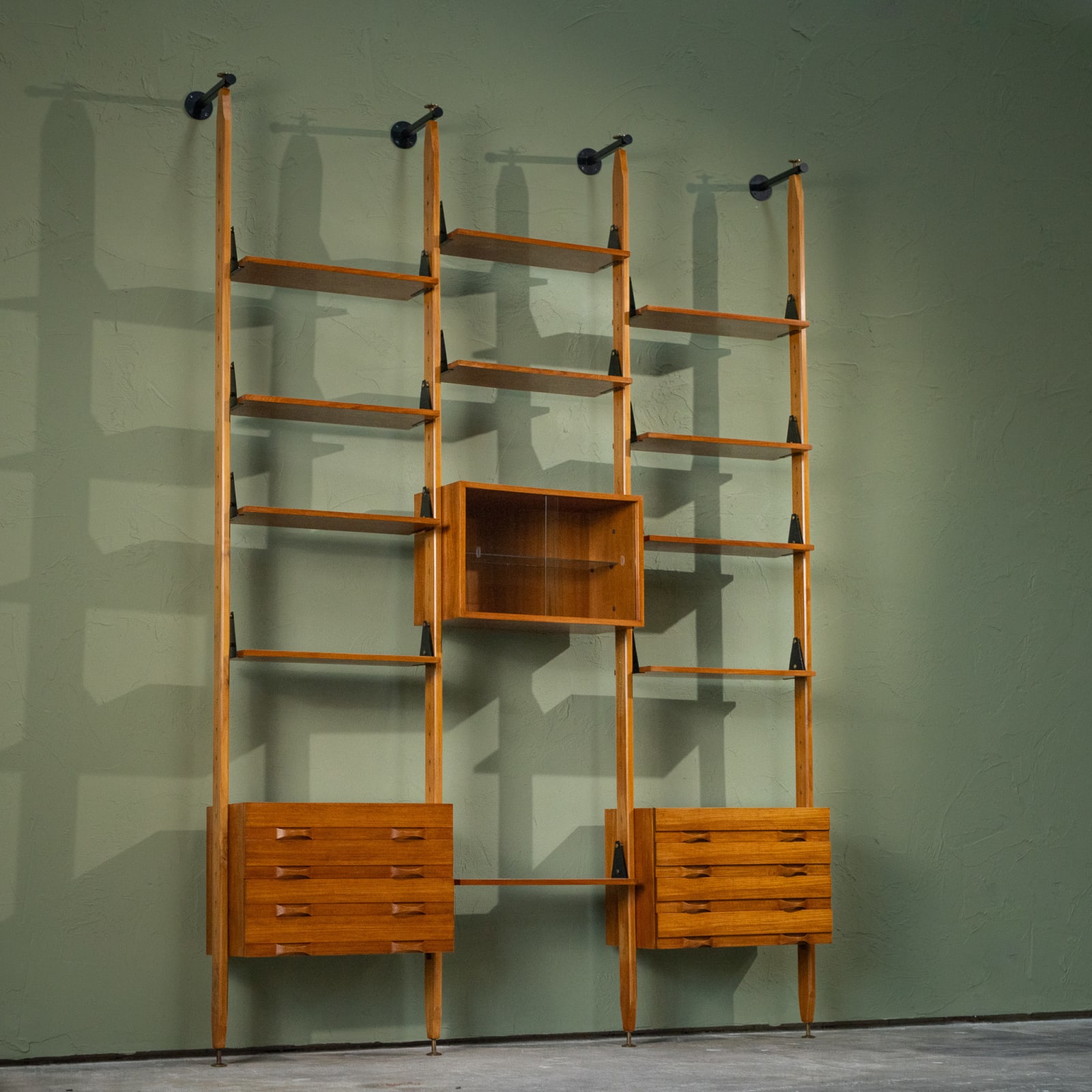 Unknown, Large Modular Wall Unit in Teak and Brass, Italy, 1960s