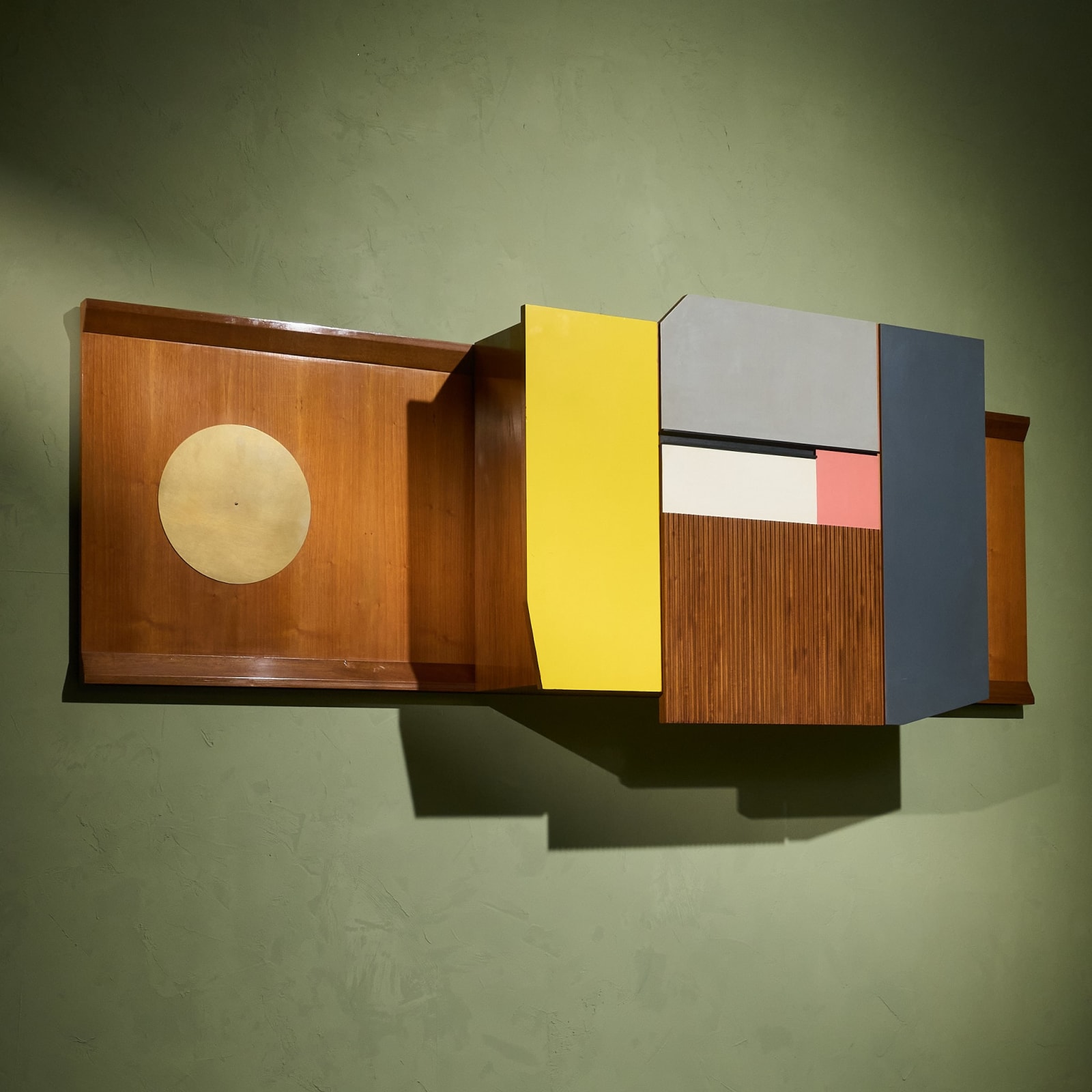 Multicolored Wall Mounted Dry Bar in Italian Walnut and Brass, Italy, 1960s