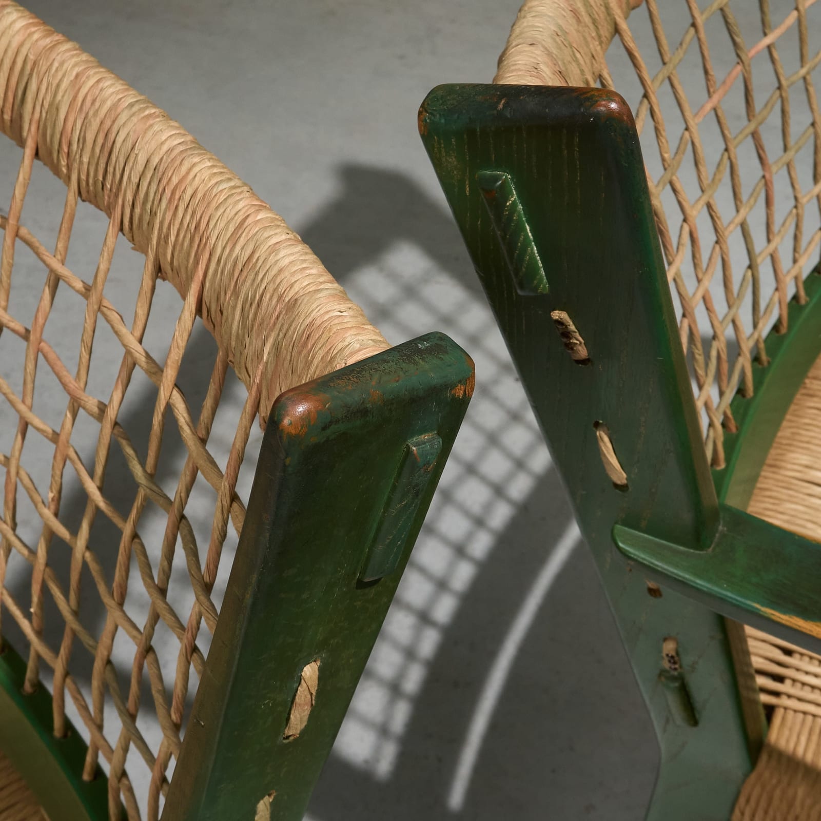 Pair of Green Lacquered Chestnut and Papercord Arm Chairs, Italy, Late 1930's