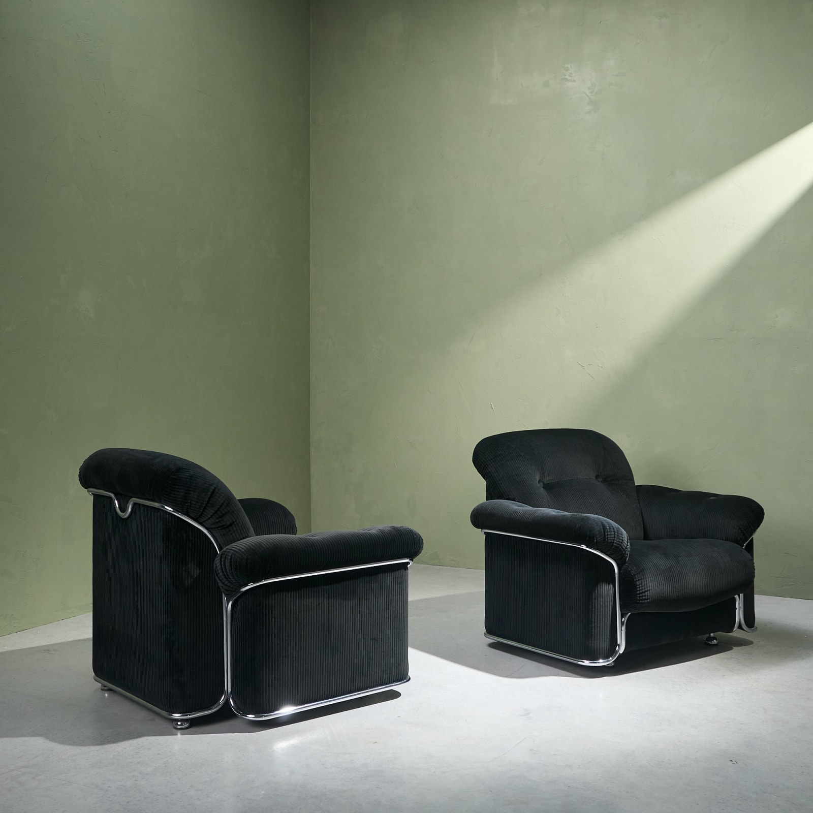 Oversized Lounge Chairs in Chromed Steel, Reupholstered in Black Corduroy Fabric, Italy, 1970s