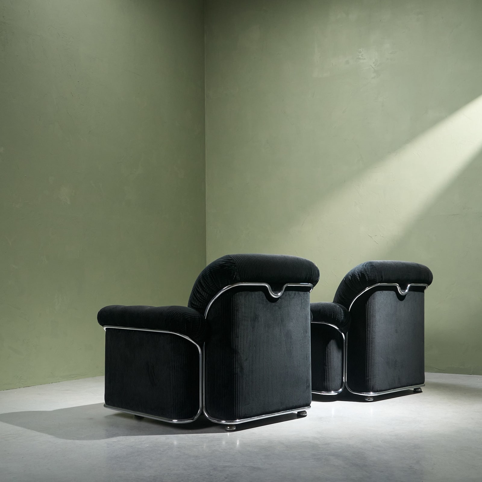 Oversized Lounge Chairs in Chromed Steel, Reupholstered in Black Corduroy Fabric, Italy, 1970s