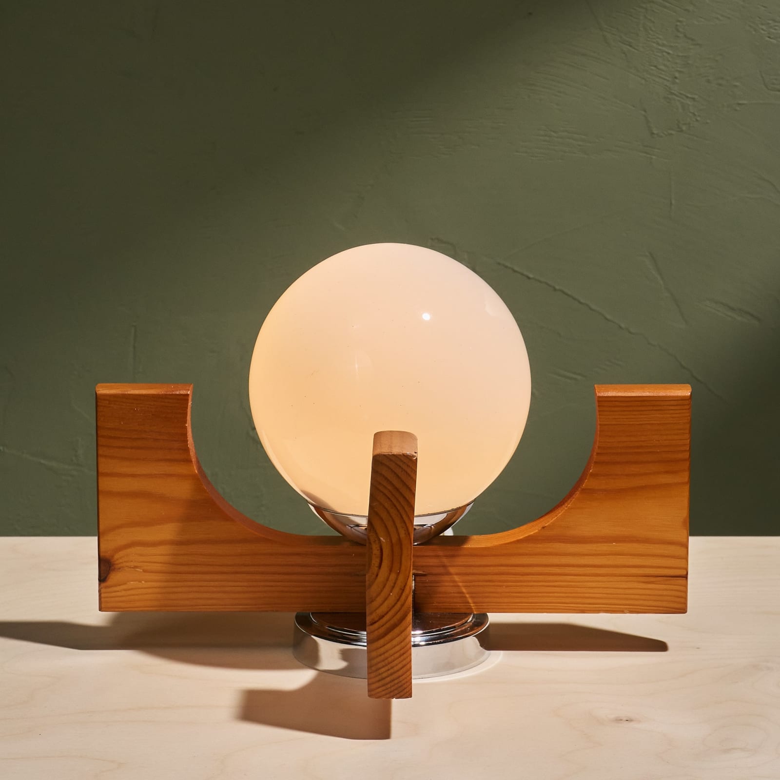 Unknown, Table Lamp with a Pine Wooden Sculptural Frame and Opaline Shade, Sweden, 1970s