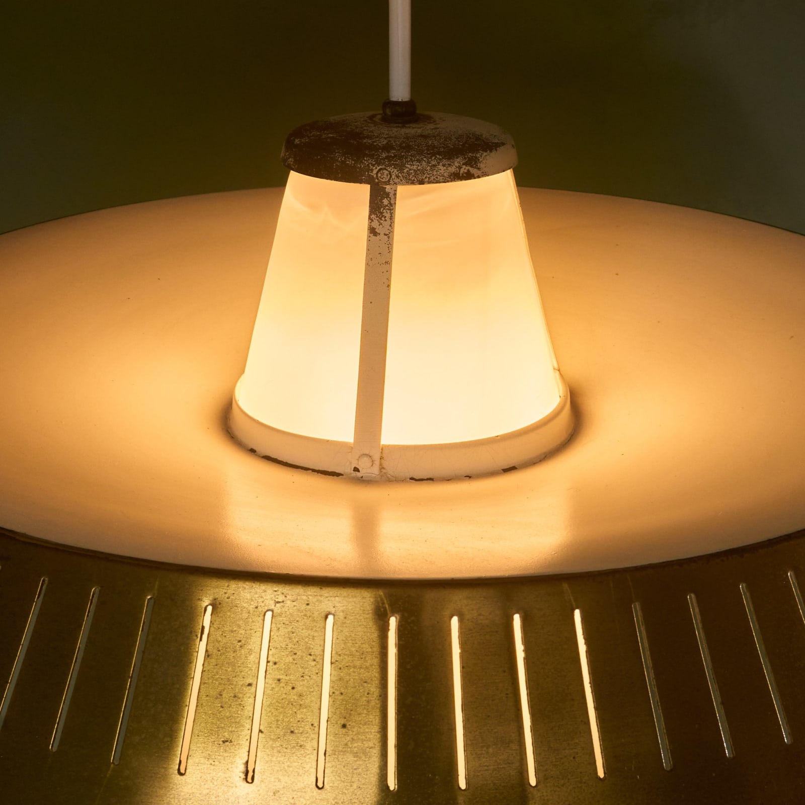 Large Perforated Brass Pendant with Opaline Glass, Finland, 1950/1960s