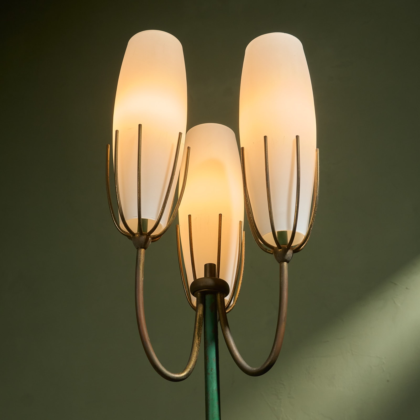 Green Lacquer and Brass Floor Lamp with 3 Opaline Glass Shades, Italy, 1960s