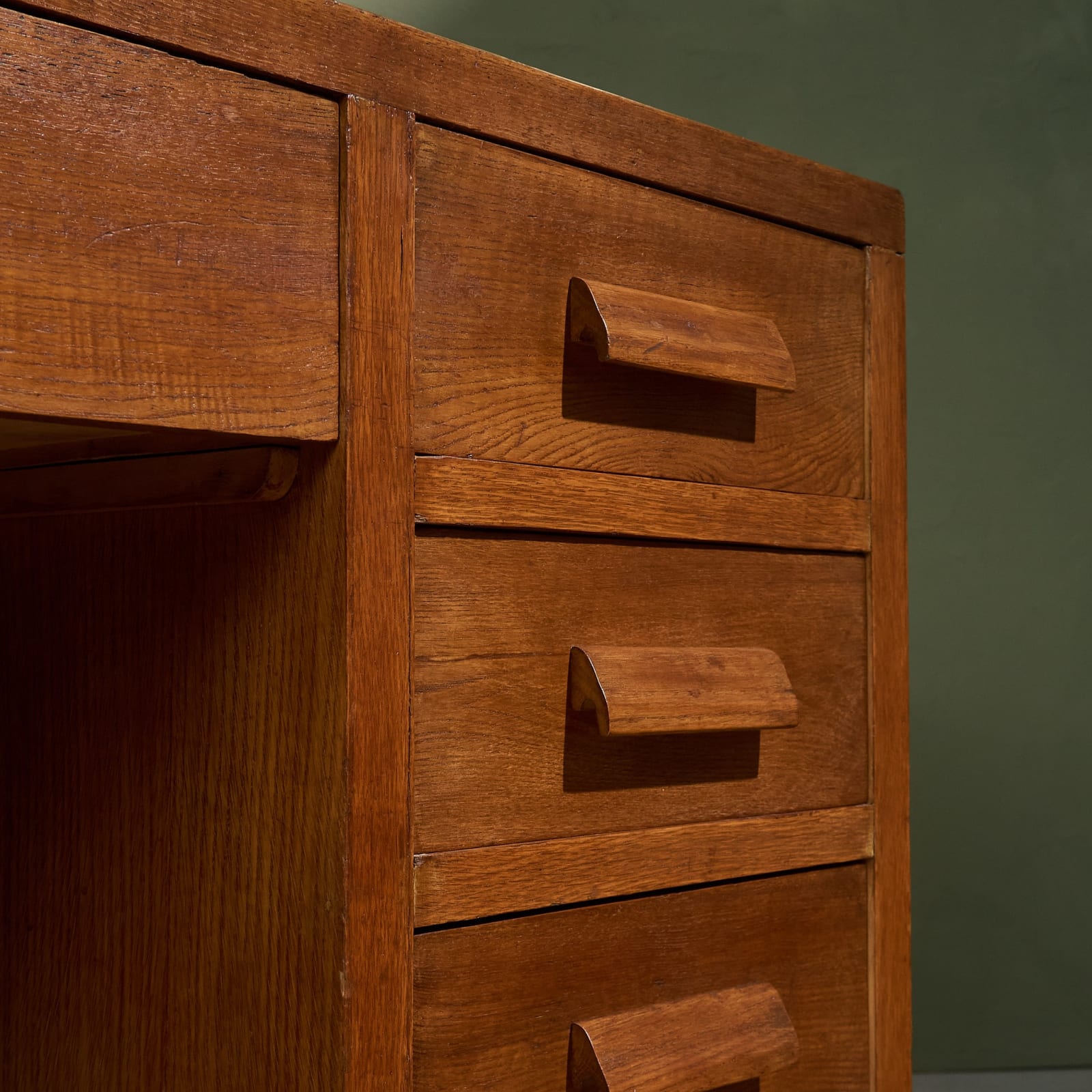 Desk in Oak with Green Linoleum Top and Base, Italy, 1940s