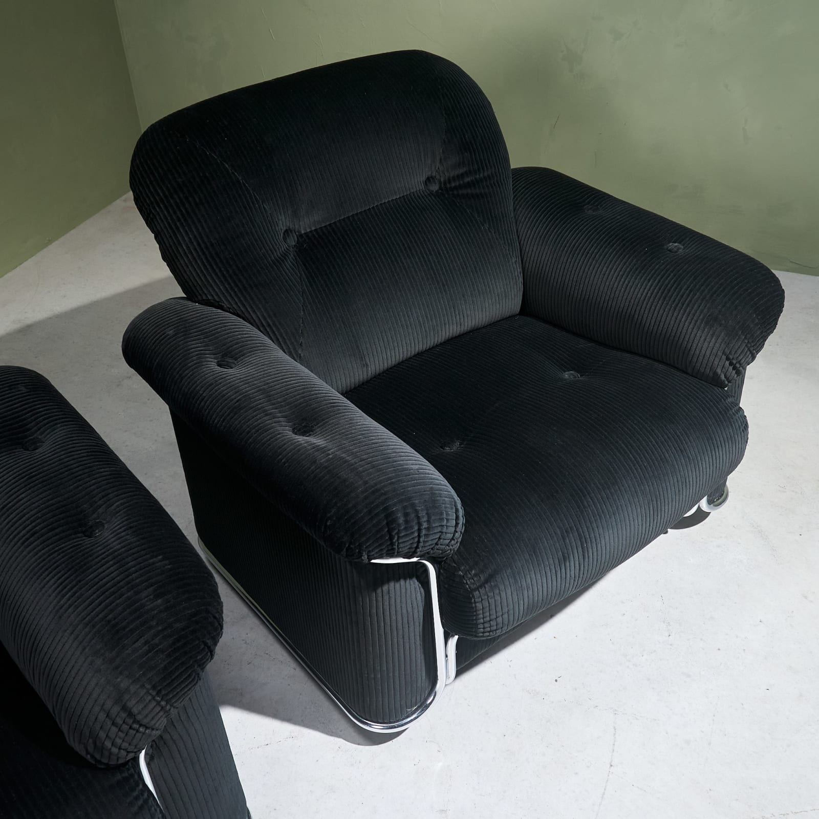 Oversized Lounge Chairs in Chromed Steel, Reupholstered in Black Corduroy Fabric, Italy, 1970s